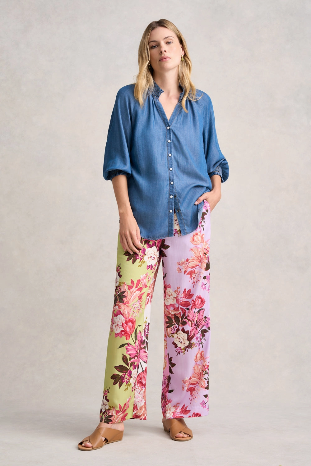 3/4 Sleeve Chambray Shirt - Denim Chambray Relaxed Crew Neck Opening Double Stitched Hems