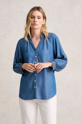 Recycled Material Blend 3/4 Sleeve Chambray Shirt - Denim Chambray
