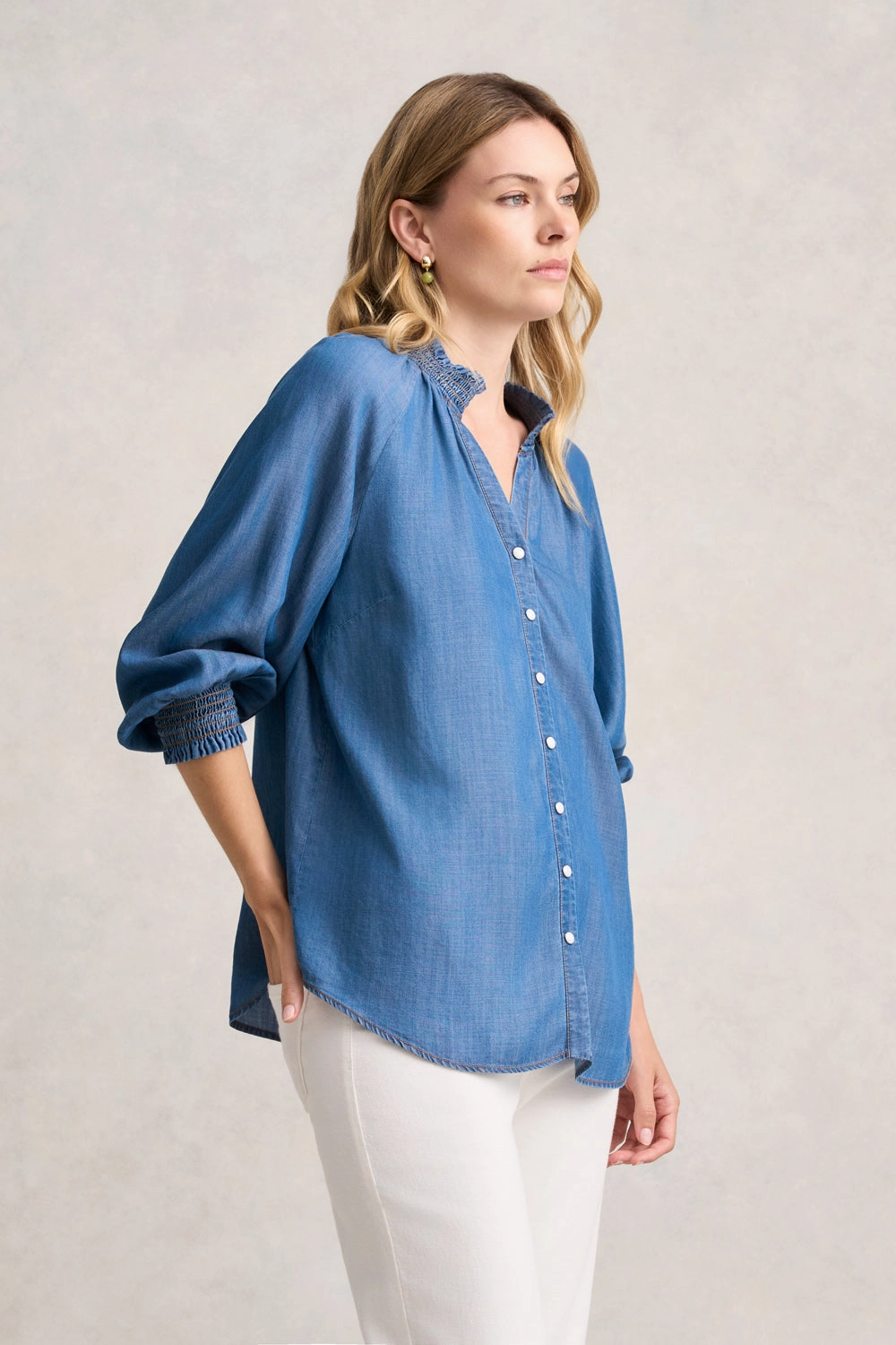 3/4 Sleeve Chambray Shirt - Denim Chambray EcoFriendly Dye Process Convertible Style