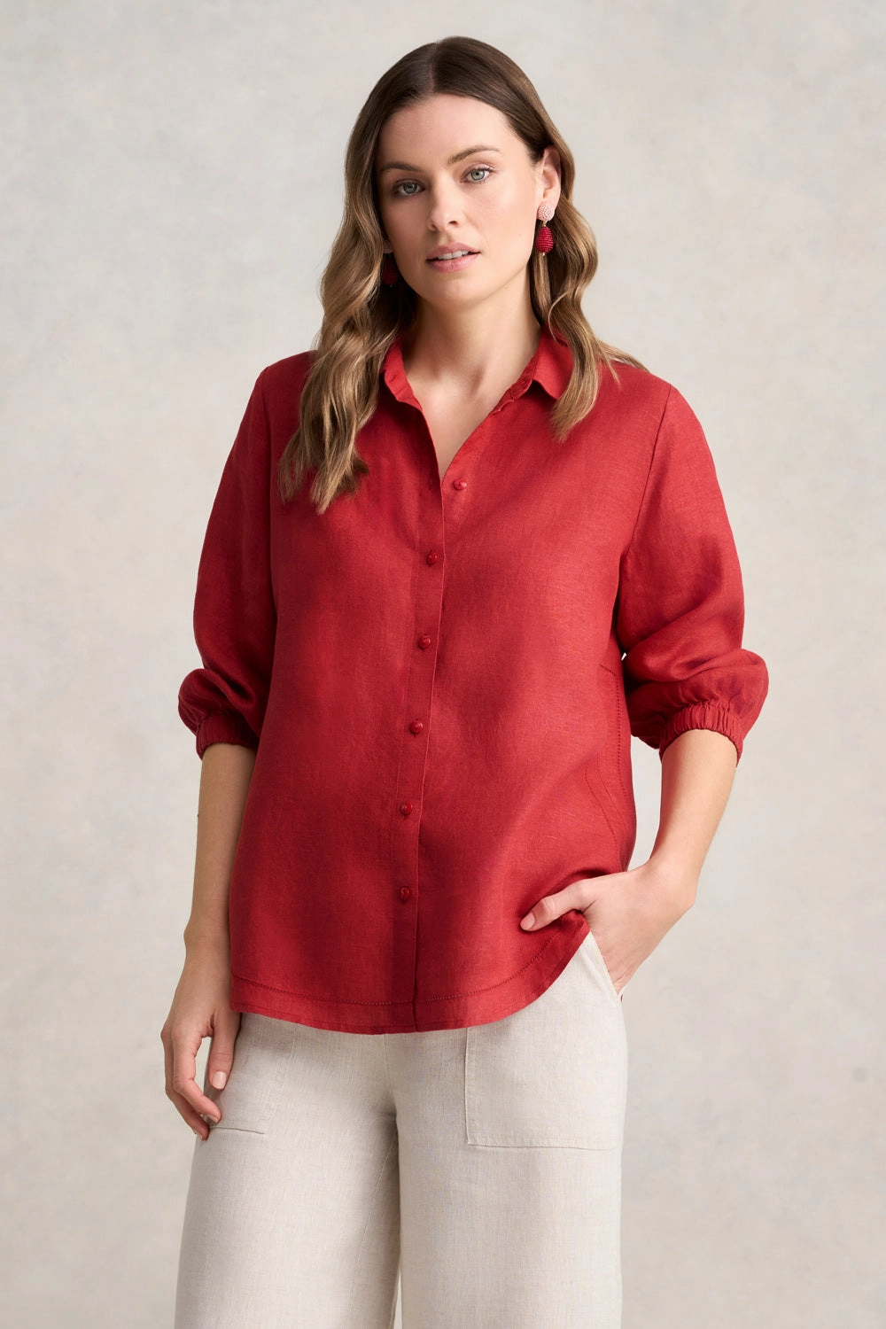 ? Sleeve French Linen Shirt ?C Rosewood Cross Dye NonIrritatingEdges MicrofiberTech