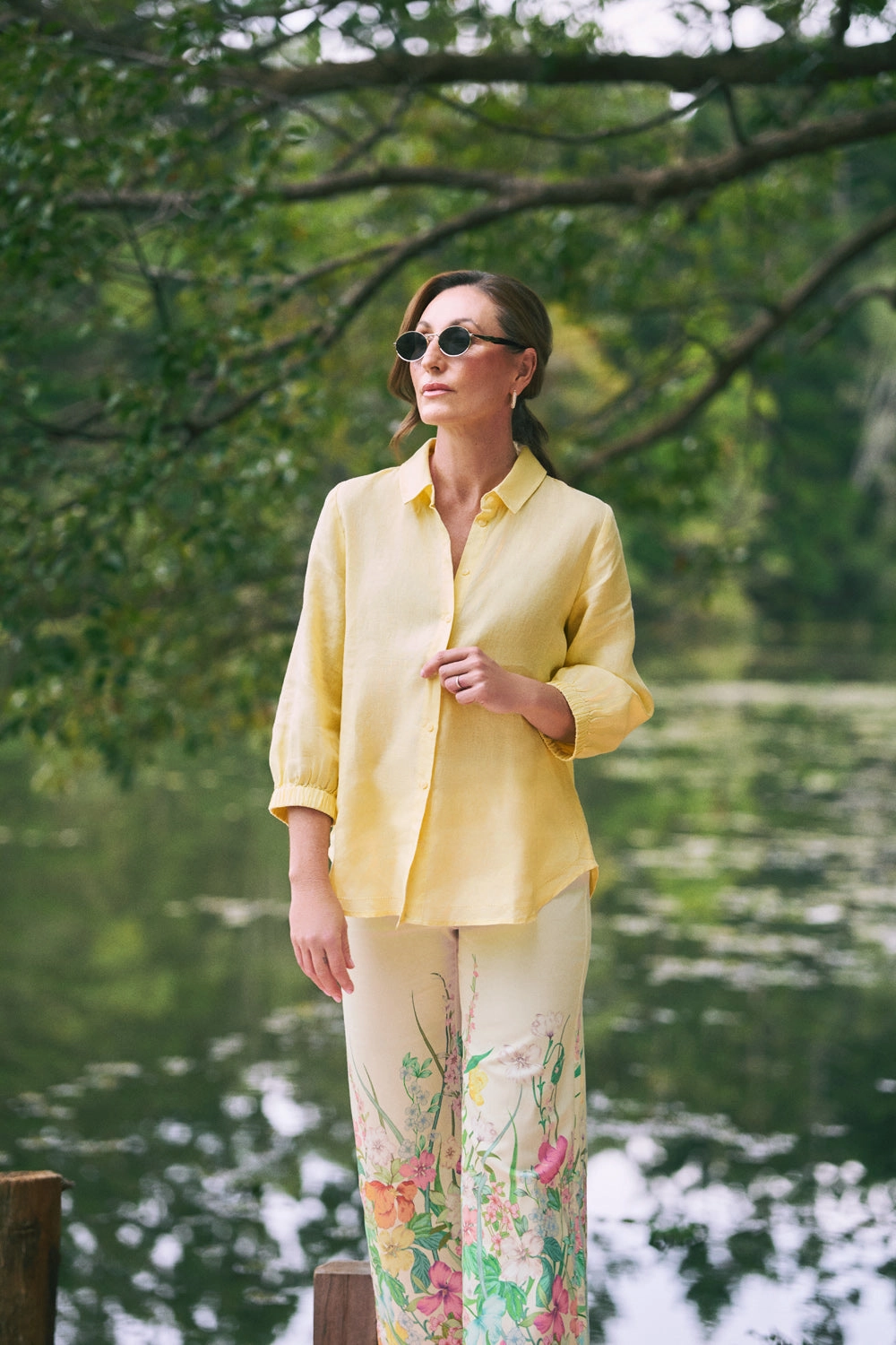 High Collar Option ? Sleeve Linen Shirt ?C Lemon