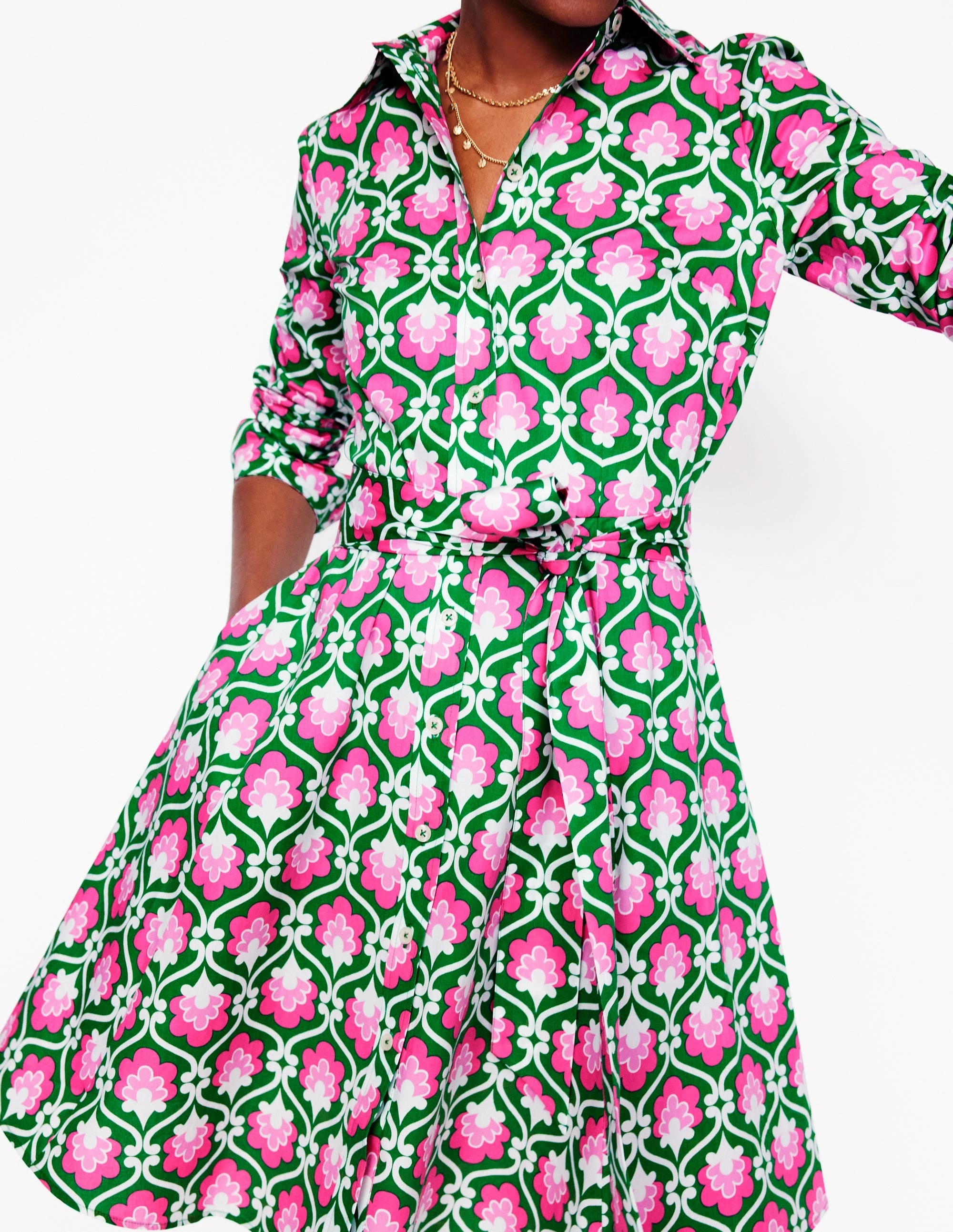 Layered Design Amy Cotton Short Shirt Dress-Rich Emerald, Ivy Trellis