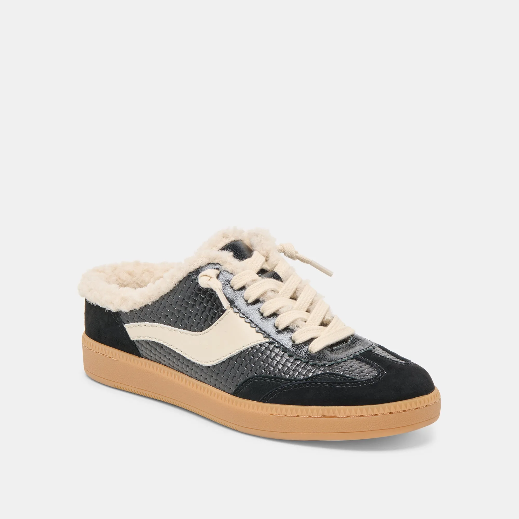 Slim Profile Functional NOTICE SLIDE PLUSH SNEAKERS BLACK WOVEN LEATHER