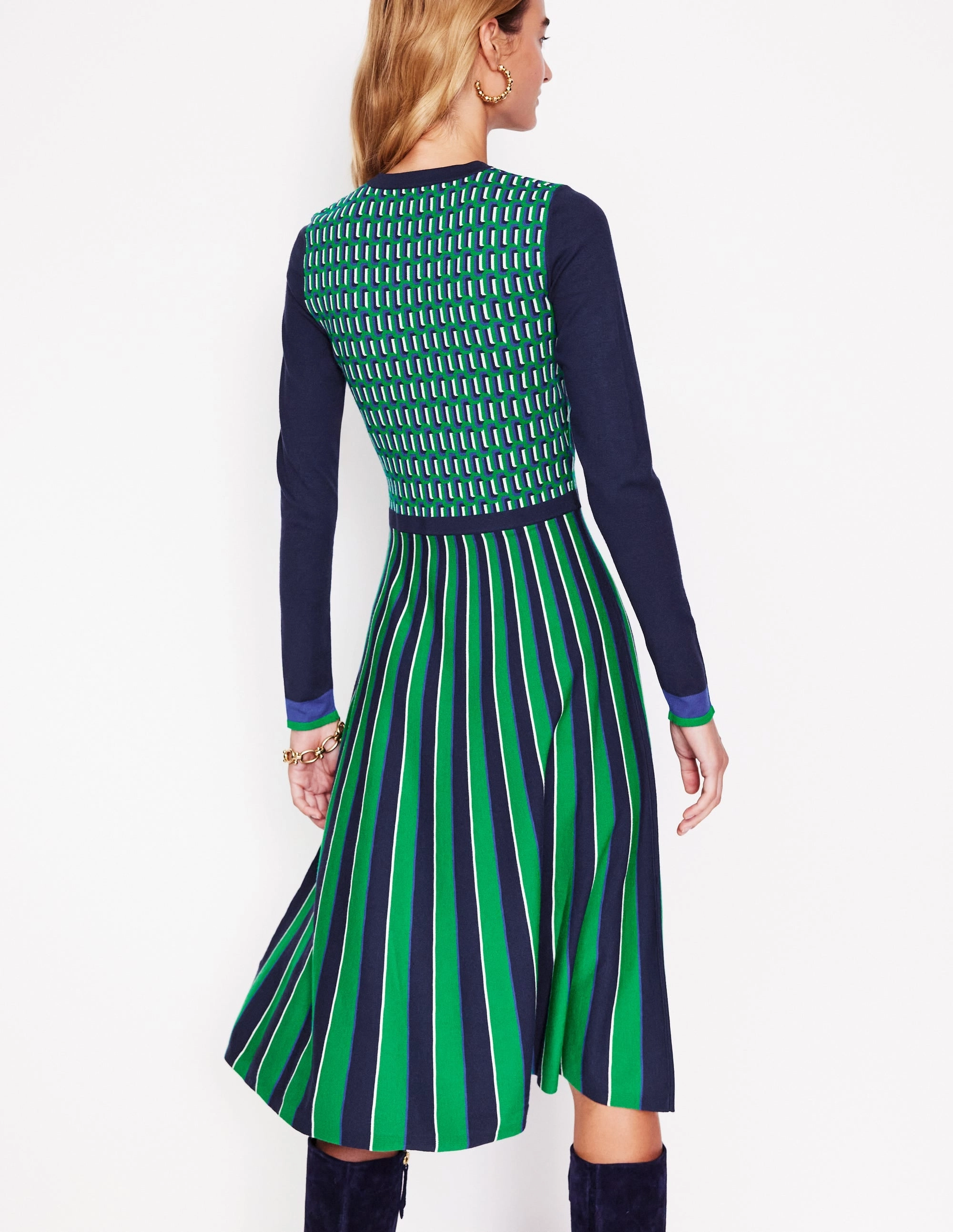 Maria Jacquard Knitted Dress-Rich Emerald, Jacquard Fitted waist