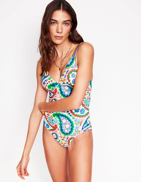 Stripe Trim Swimsuit-Multi, Meadow Paisley Sporty Appeal