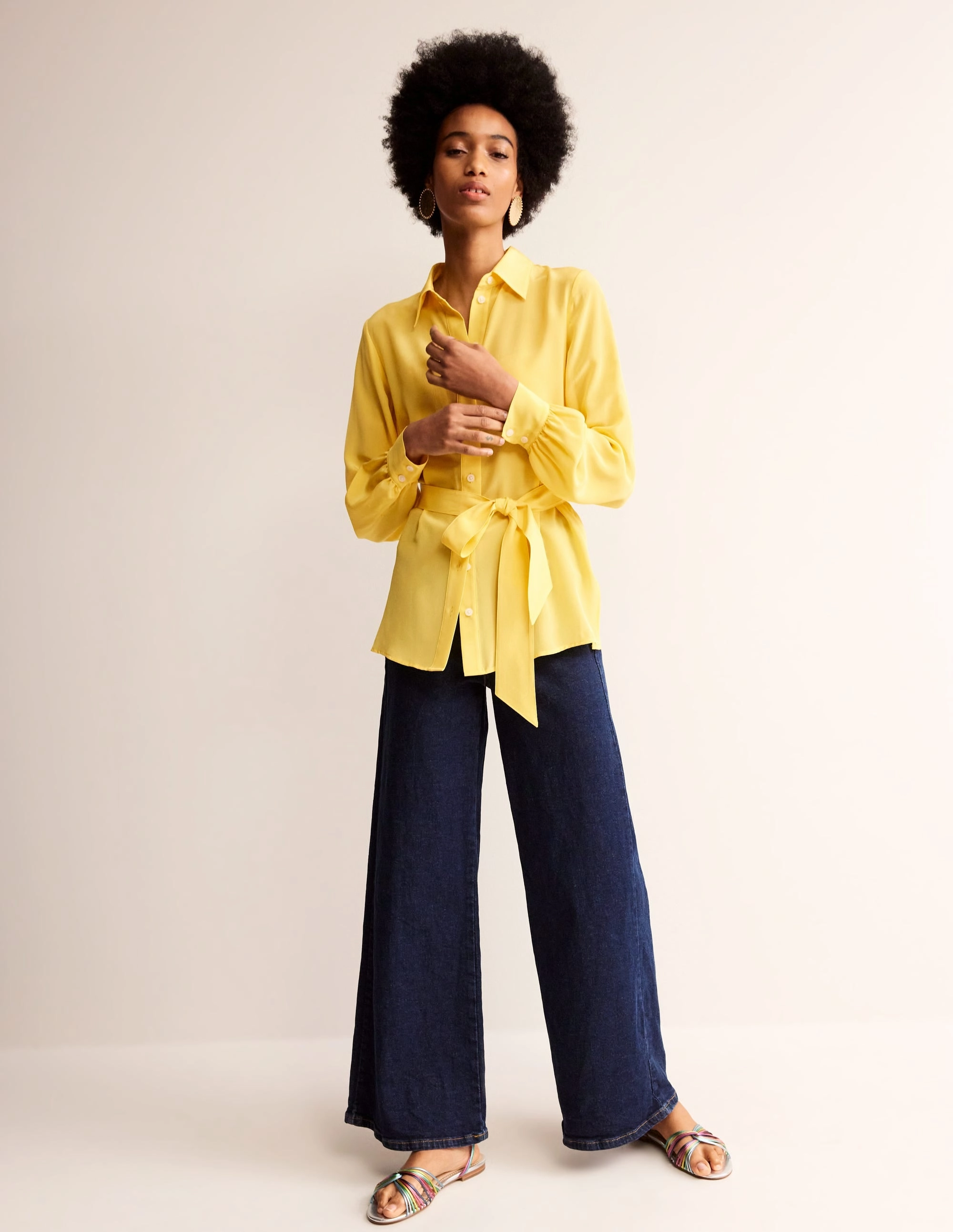 Perfect Layer Belted Silk Shirt-Vibrant yellow