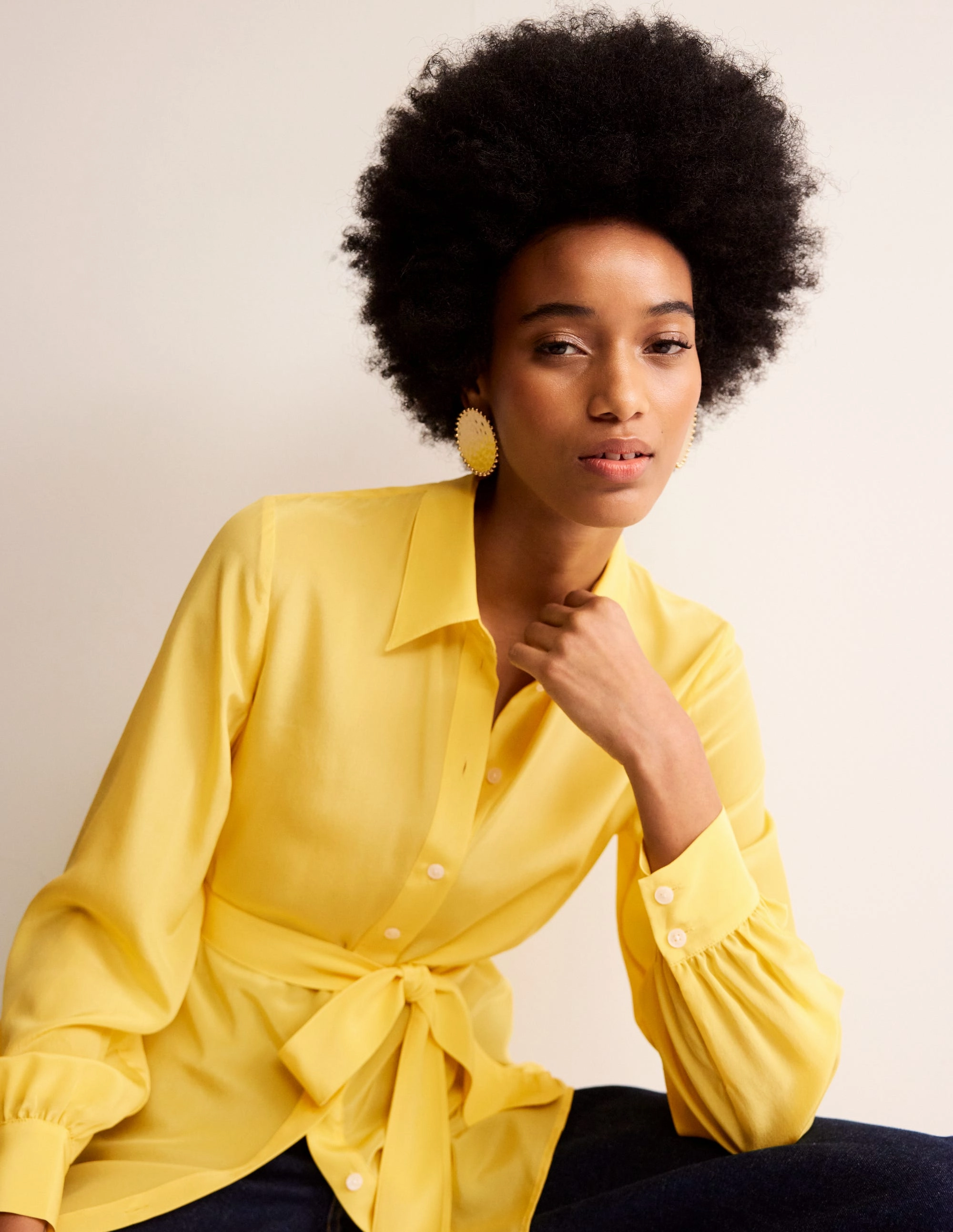 Belted Silk Shirt-Vibrant yellow Ultra Soft Texture FadeResistantPrint