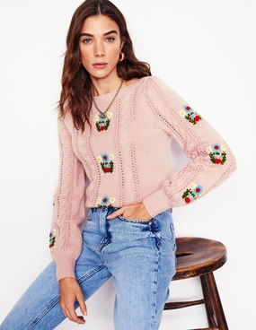 Fluffy Embroidered Jumper-Soft Lavender Pink Organic Cotton Blend Low Maintenance Fibers