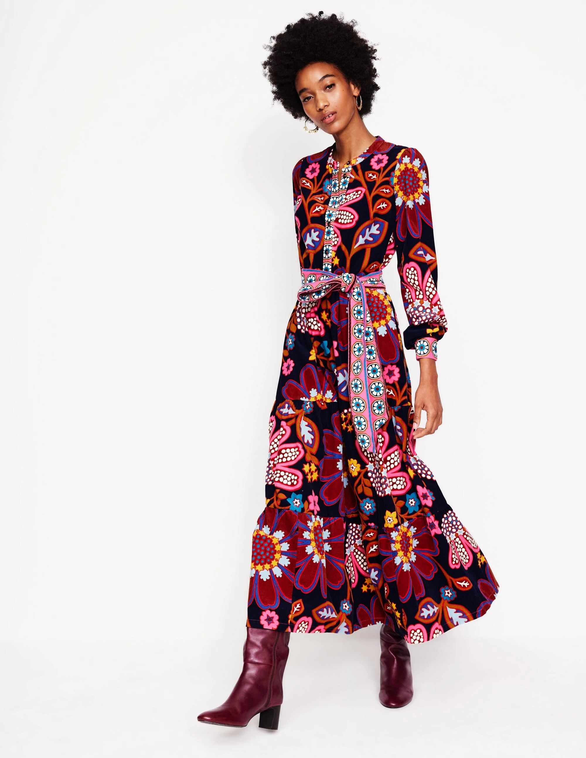 Alba Cord Maxi Dress-French Navy, Cosmic Meadow Dreamy Motion