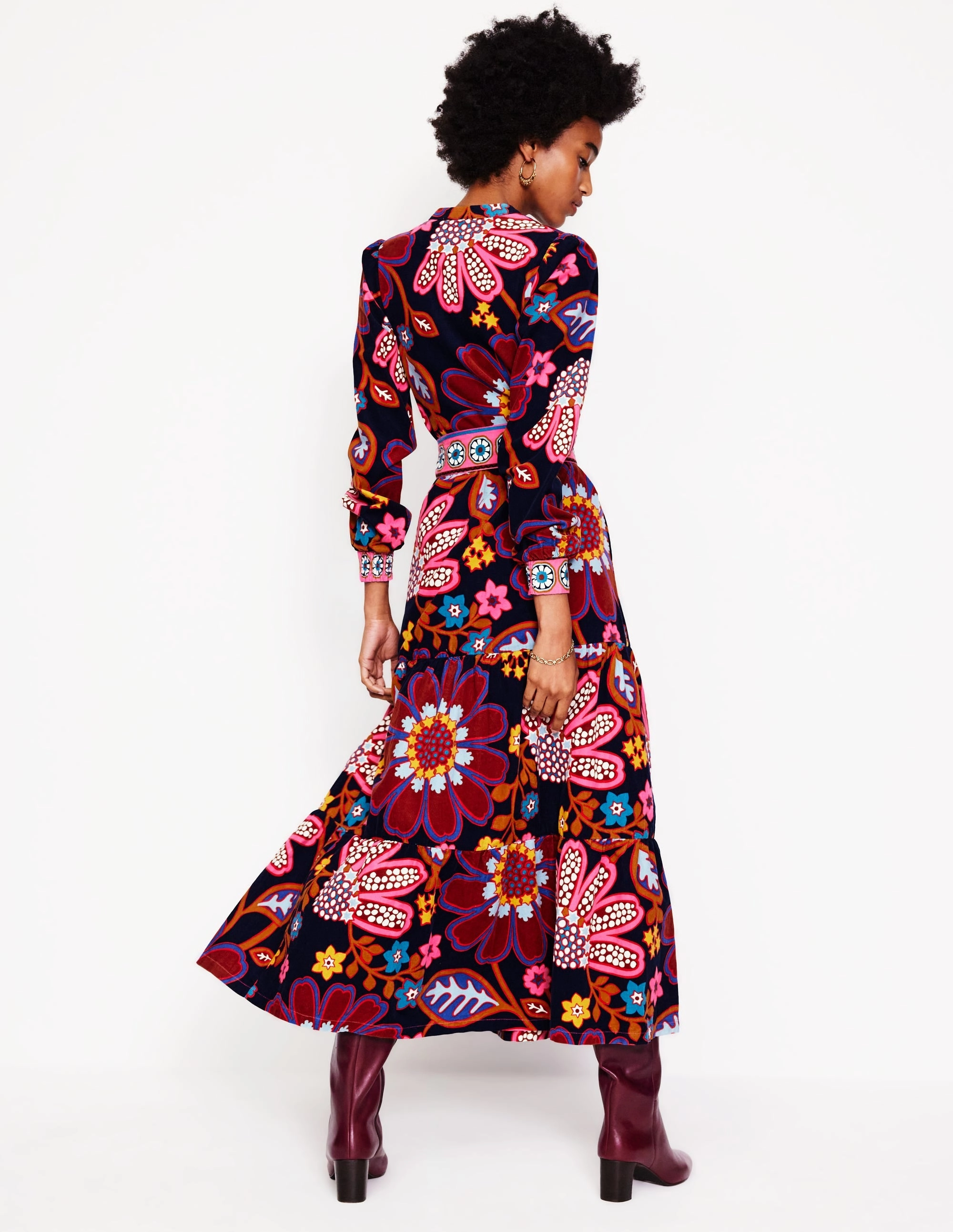 Gemstone-Detail Sleek Form Alba Cord Maxi Dress-French Navy, Cosmic Meadow