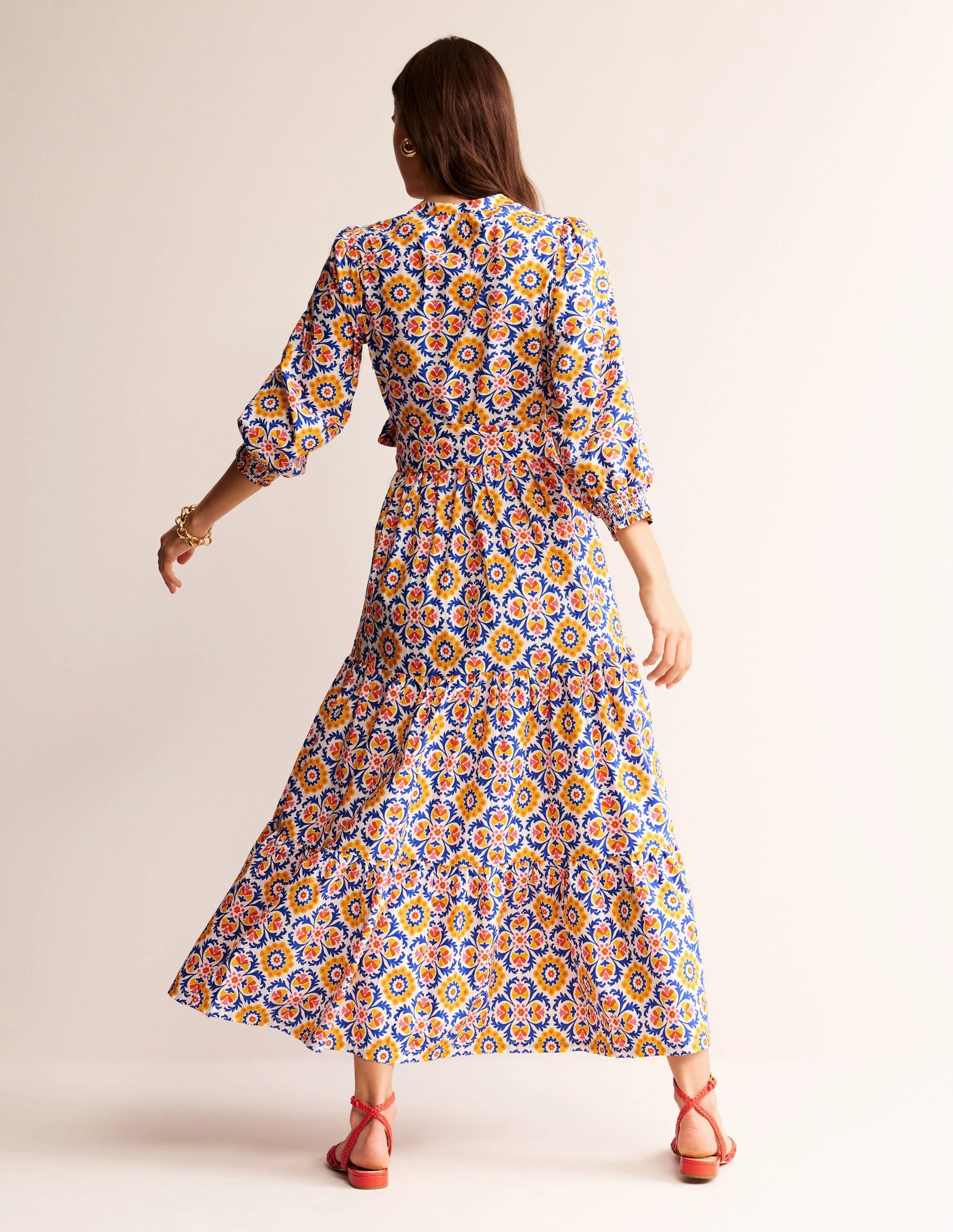 Alba Tiered Cotton Maxi Dress-Artisan's Gold, Mosaic Bloom Flowy Layers Cool Texture