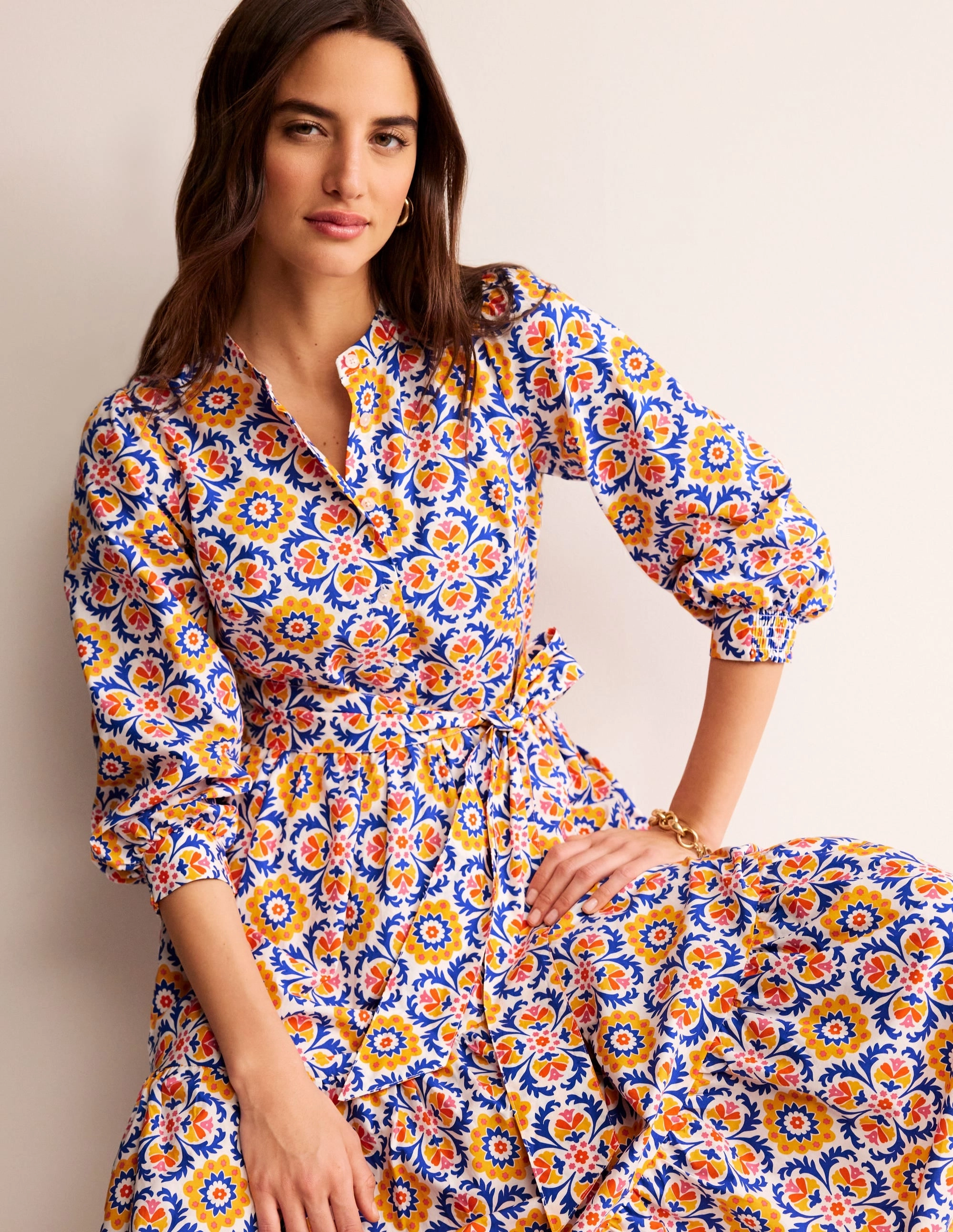 Alba Tiered Cotton Maxi Dress-Artisan's Gold, Mosaic Bloom Bless Touch Warm Pink