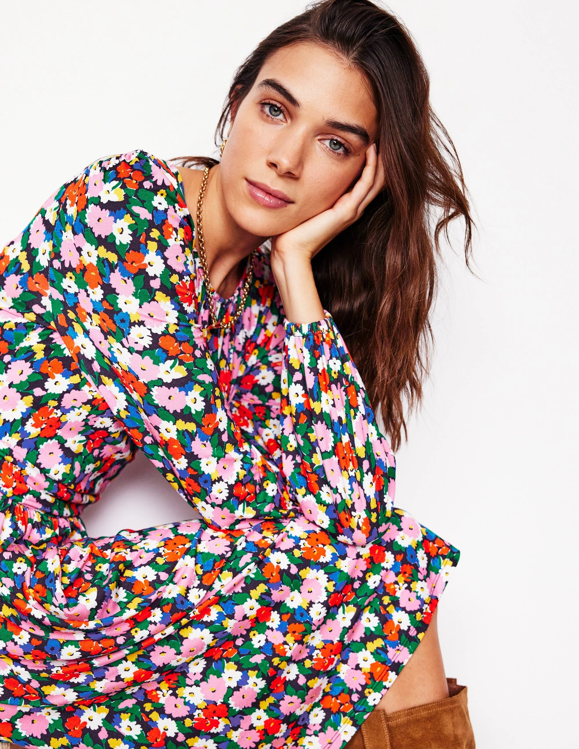 Alexandra Blouson Jersey Dress-Multi, Painterly Meadow Embroidered-Sleeve