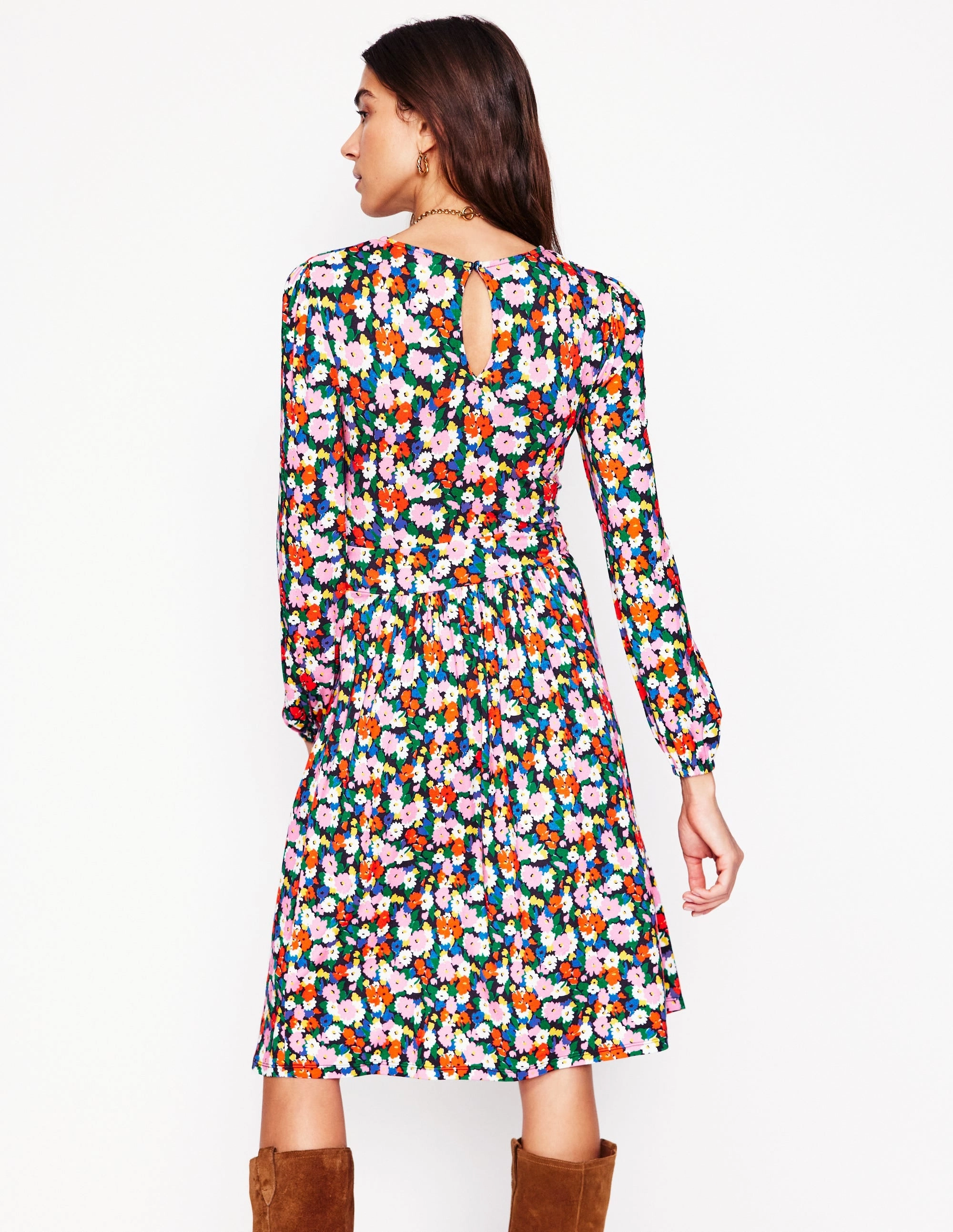 Vibe Choice Alexandra Blouson Jersey Dress-Multi, Painterly Meadow