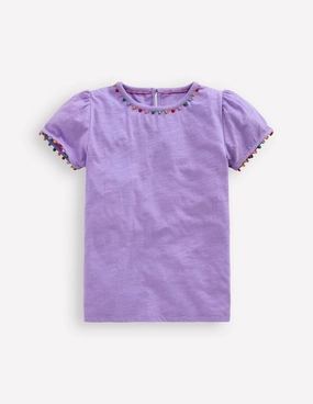 Seasonal Trend Pre Shrunk Cotton Ali Puff Sleeve Pom T-Shirt-Lavender Purple