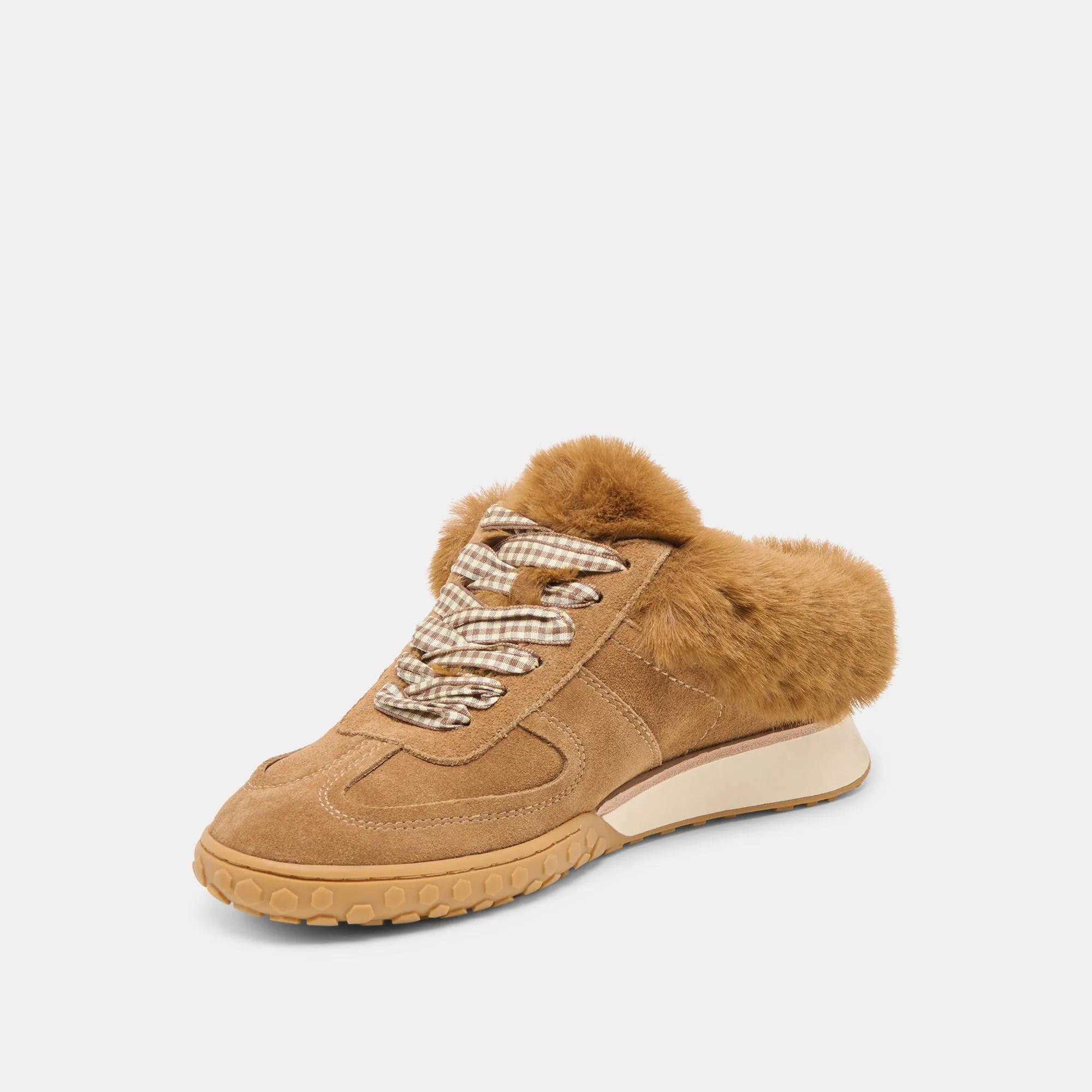 Impact Foam Traction Treads IZZEY PLUSH SNEAKERS LT BROWN SUEDE