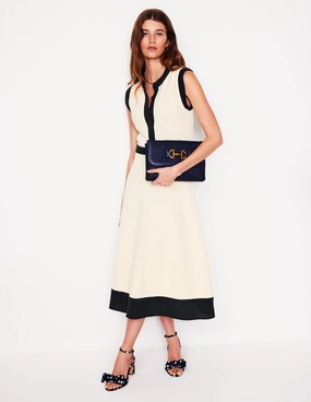 Crochet Trim Knitted Dress-Ivory, Navy Evening-Wear
