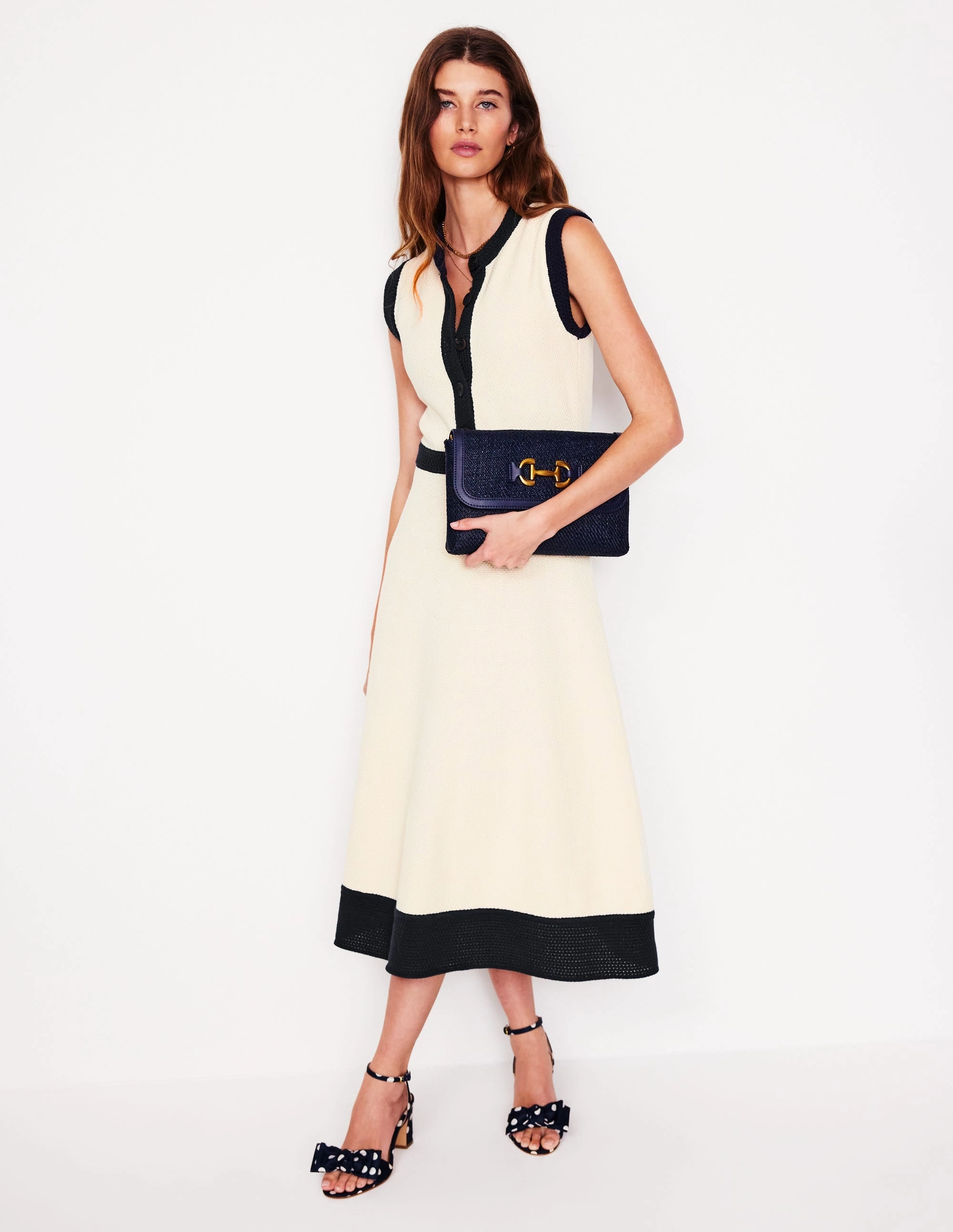 Crochet Trim Knitted Dress-Ivory, Navy Evening-Wear