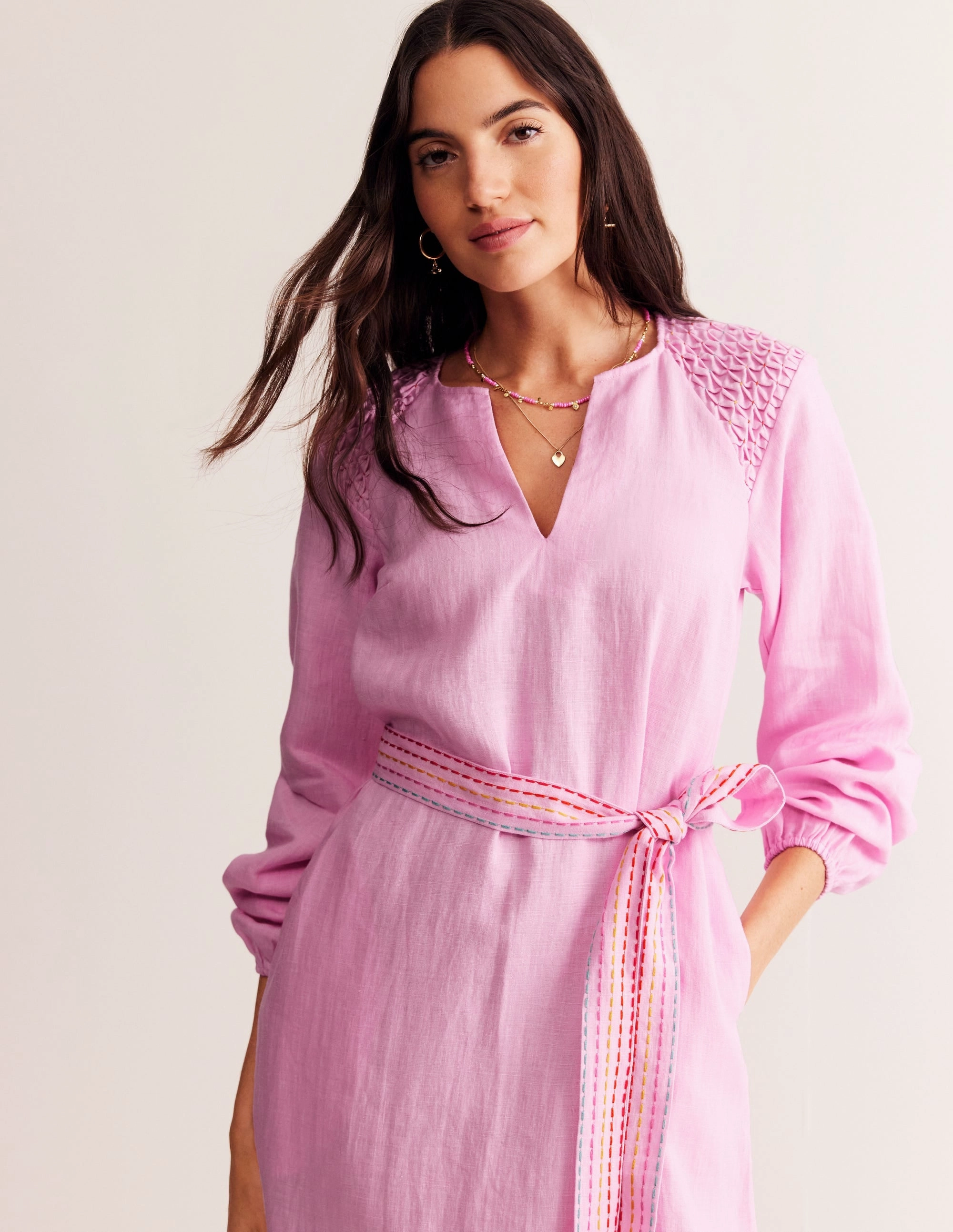 Relax Cut Linen Midi Smocked Dress-Sweet Lilac