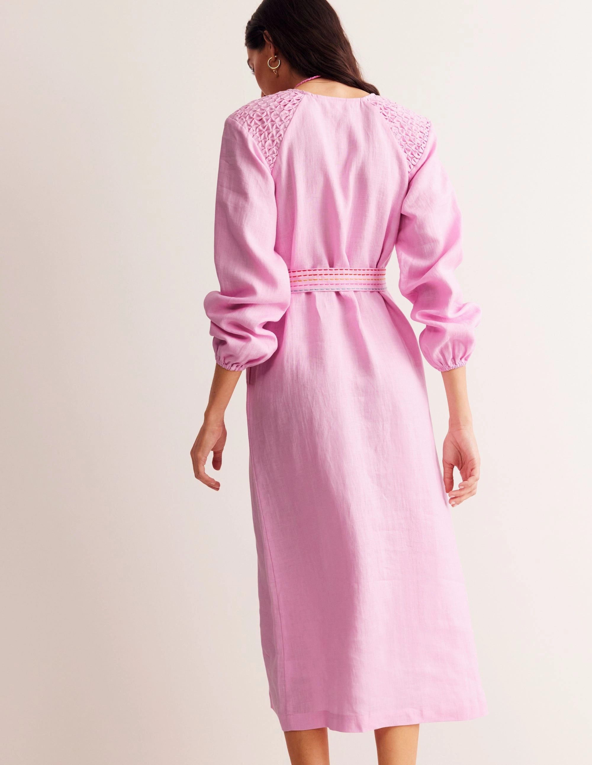 Side Slit Linen Midi Smocked Dress-Sweet Lilac