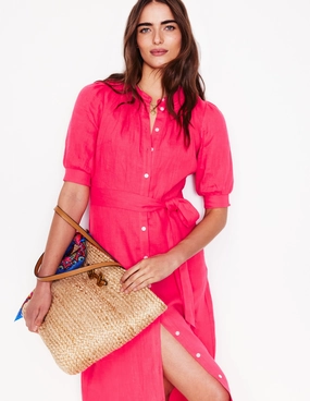 Ada Linen Midi Dress-Camelia Pink Seasonal Mood Bishop-Sleeve