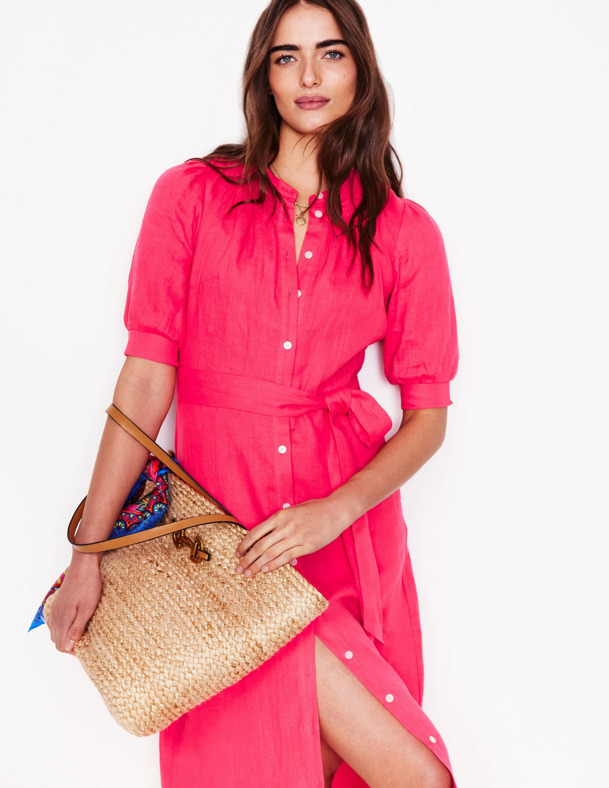 Ada Linen Midi Dress-Camelia Pink Seasonal Mood Bishop-Sleeve