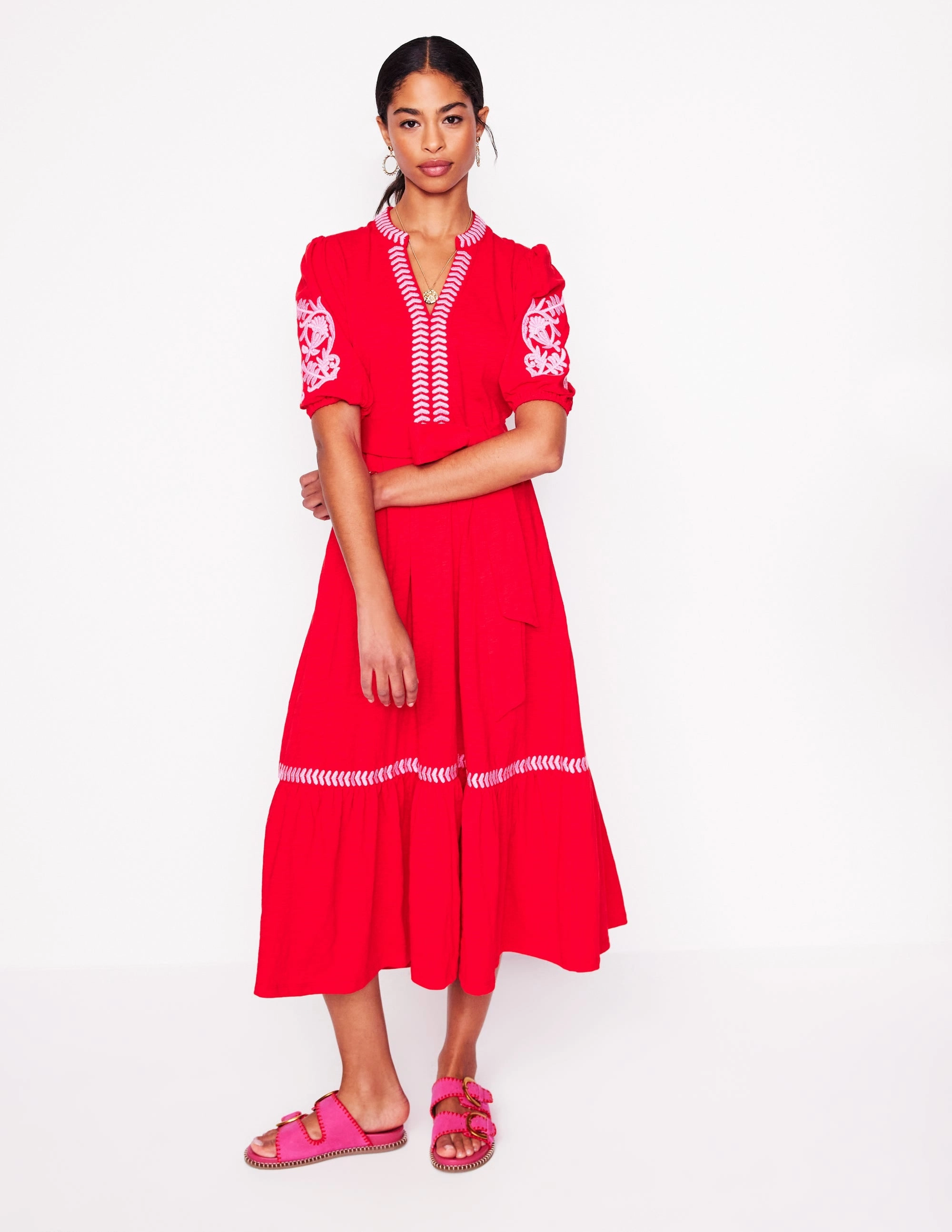 Unique Print Amara Embroidered Jersey Dress-Poppy Red, Pink Peony