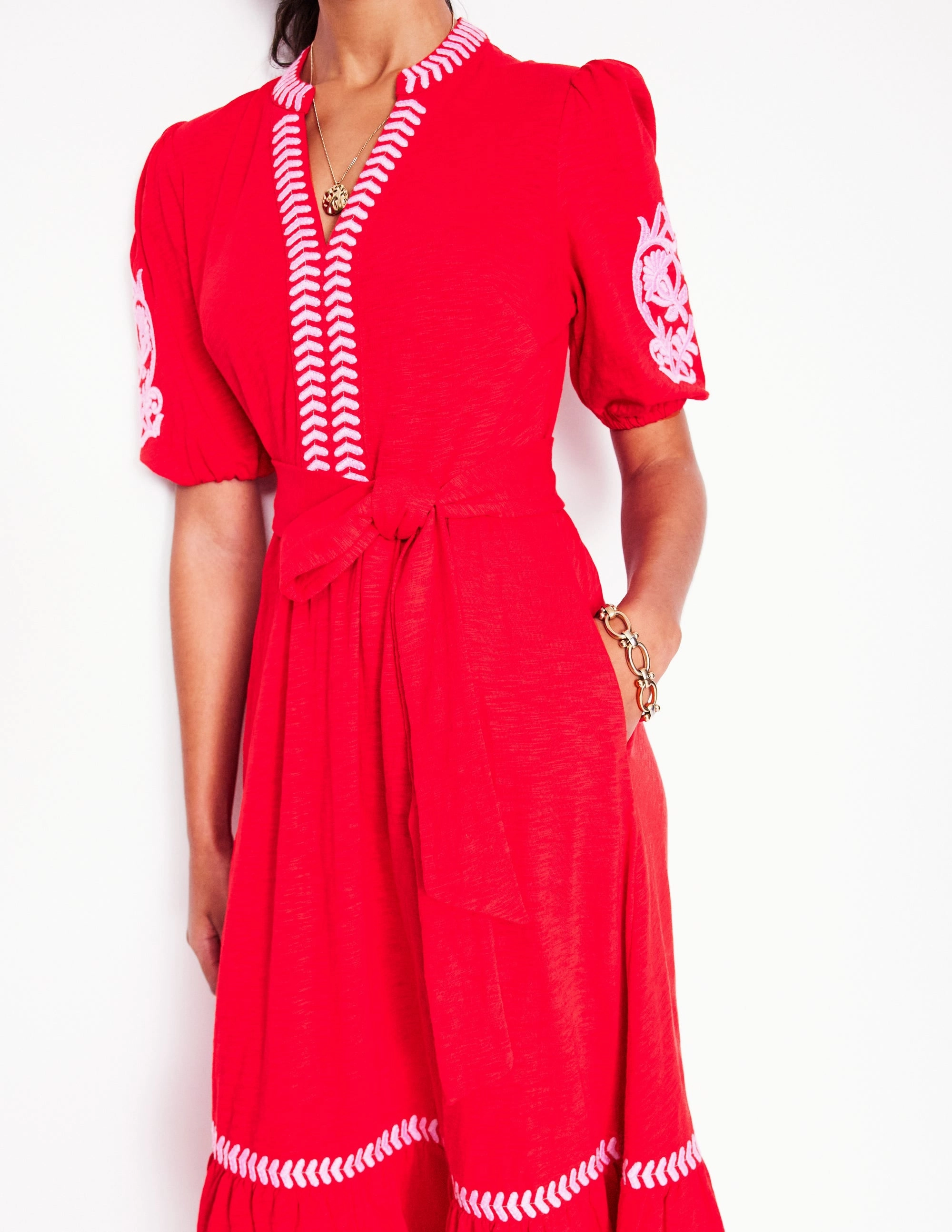 Cocktail Ready Bohemian-Style Amara Embroidered Jersey Dress-Poppy Red, Pink Peony