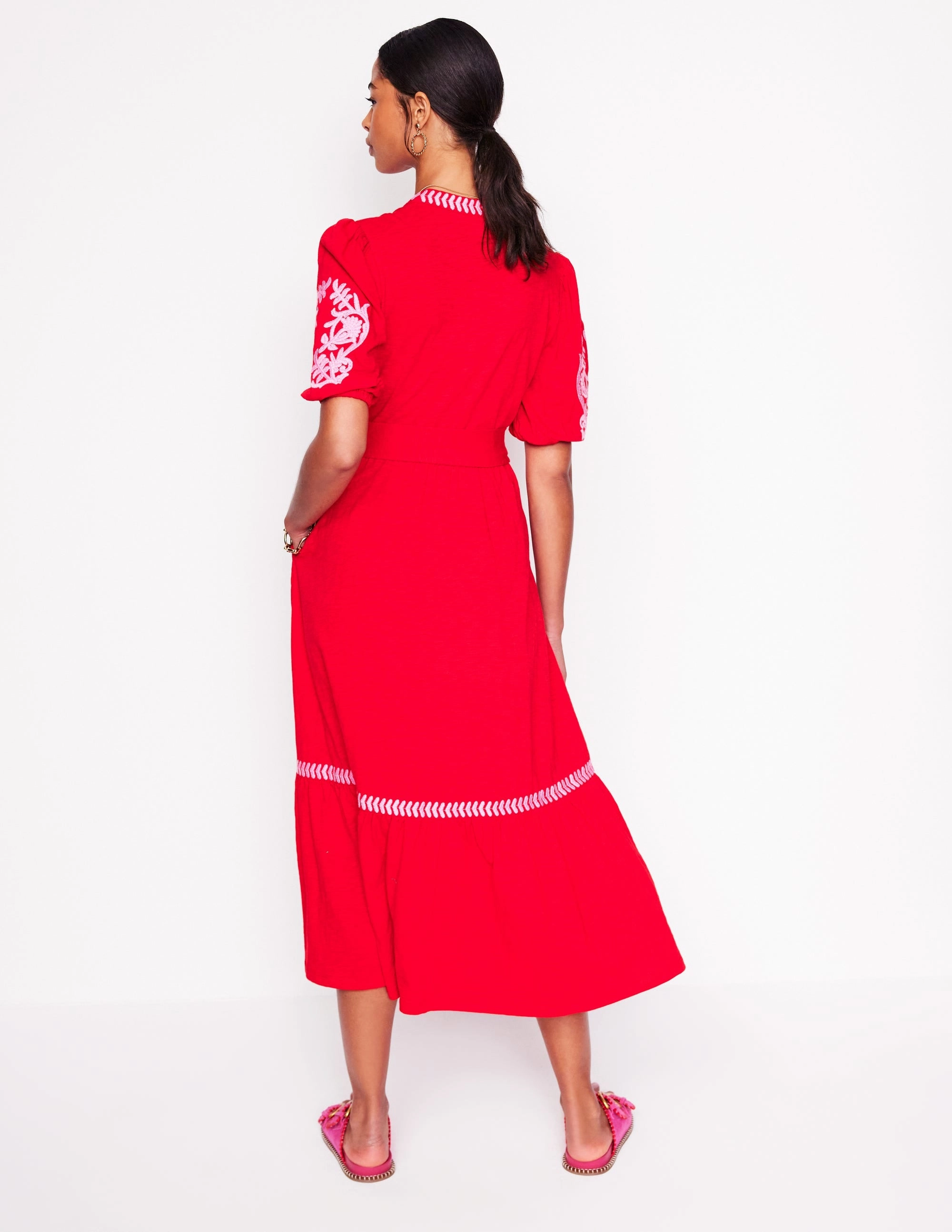 Nature Inspired All-Day Wear Amara Embroidered Jersey Dress-Poppy Red, Pink Peony