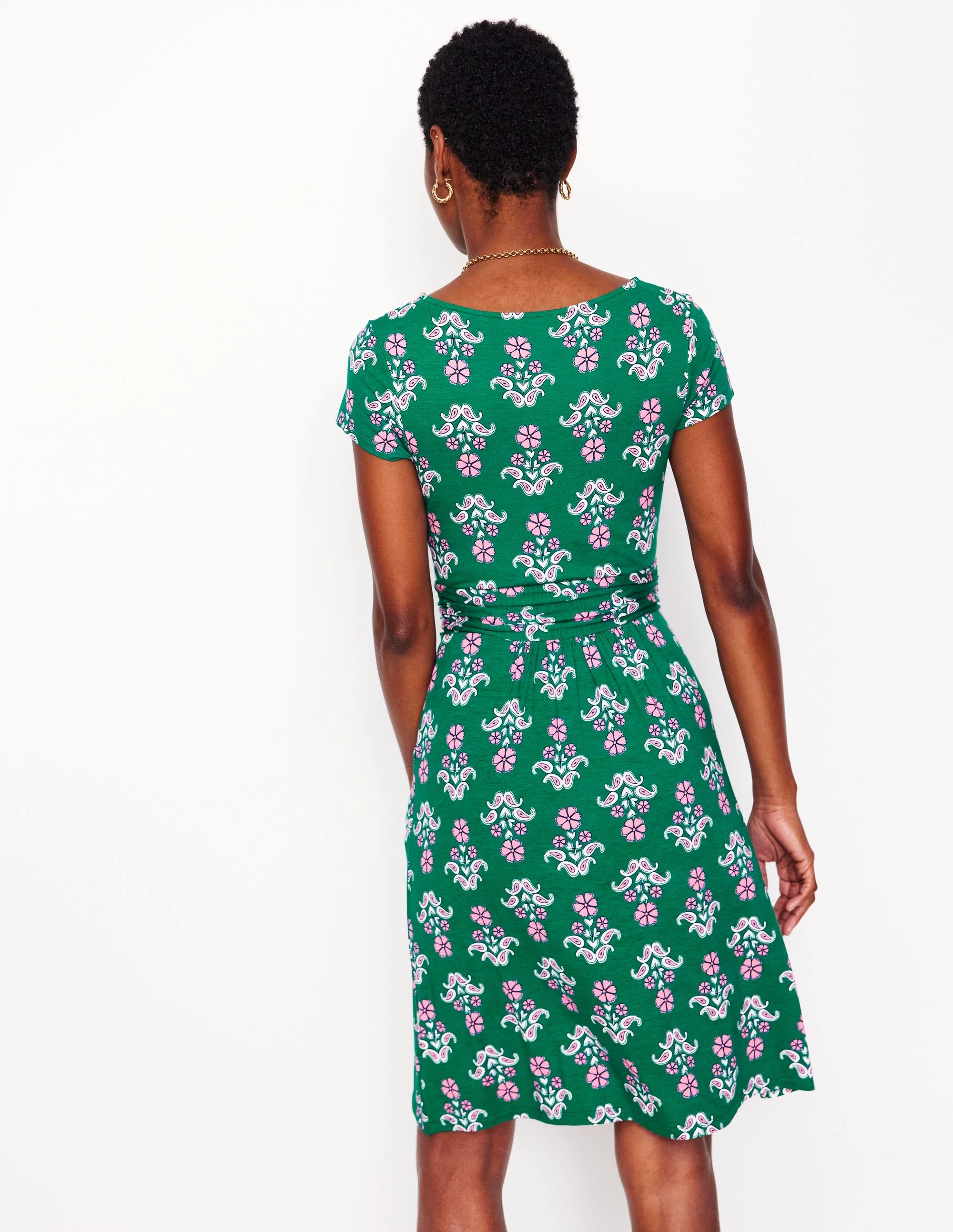 Amelie Jersey Dress-Forest Grass, Pansy Stamp Sophisticated Design Professional Comfort