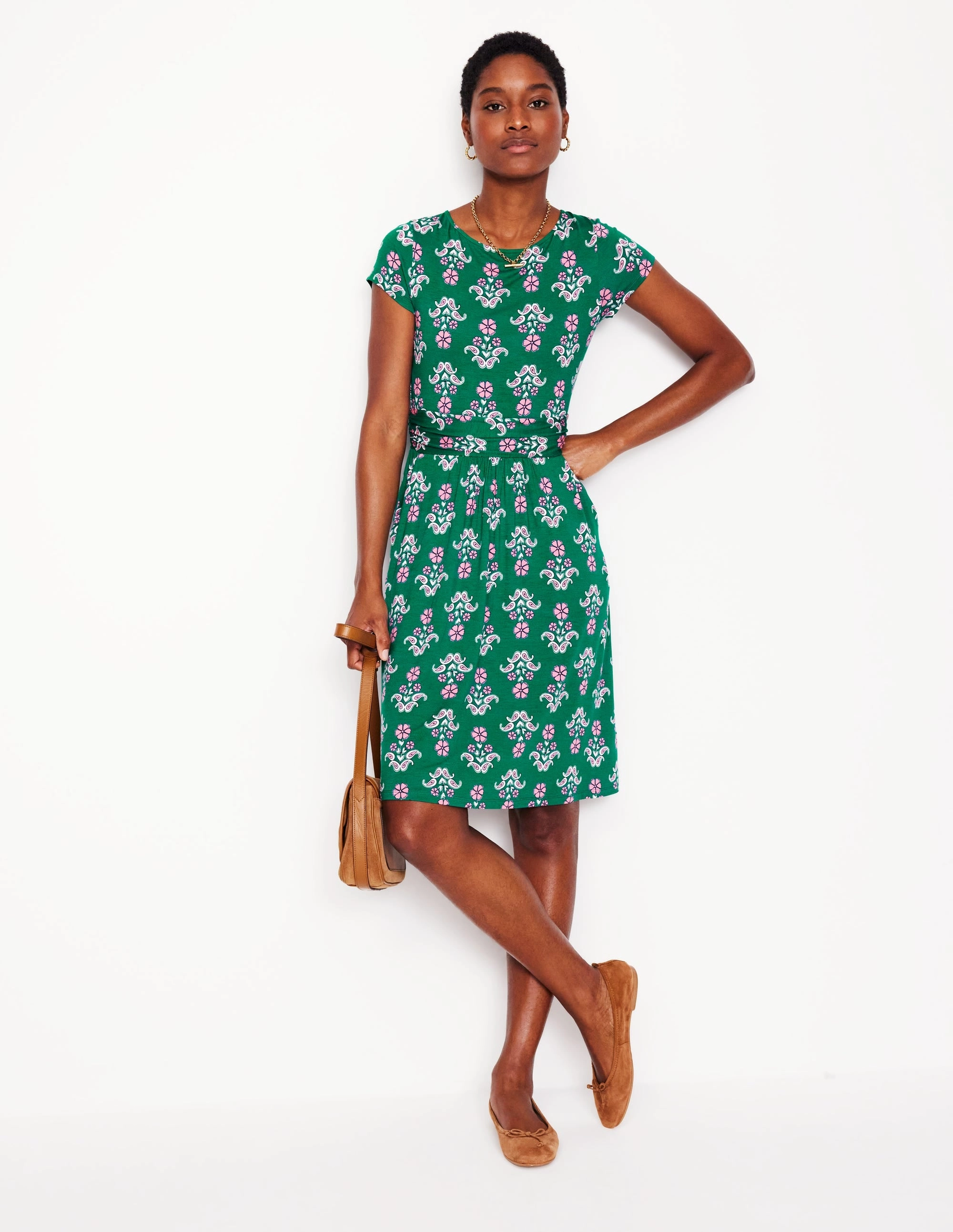 Amelie Jersey Dress-Forest Grass, Pansy Stamp NonIrritatingLining Wave Soft