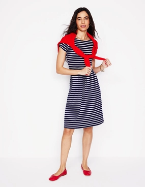 MoistureWickingTechnology Warm Touch Amelie Jersey Dress-Navy, Ivory Stripe
