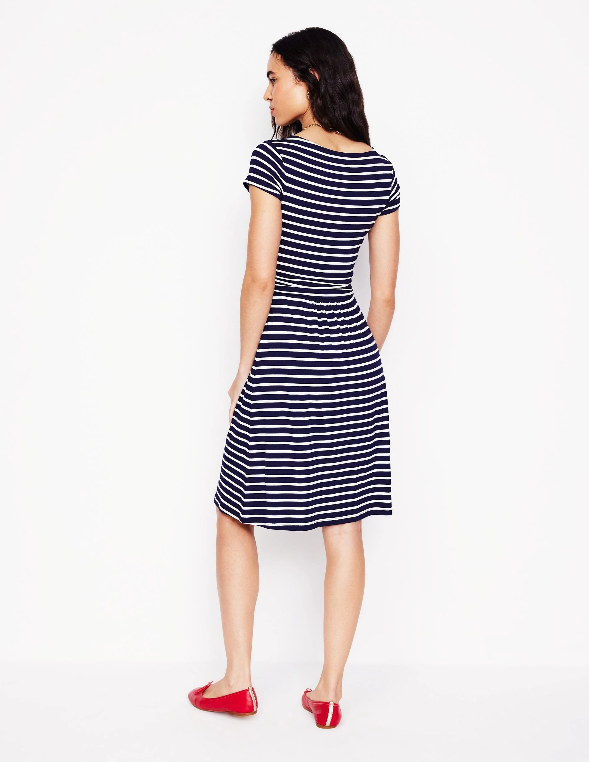 Amelie Jersey Dress-Navy, Ivory Stripe Bright Bloom