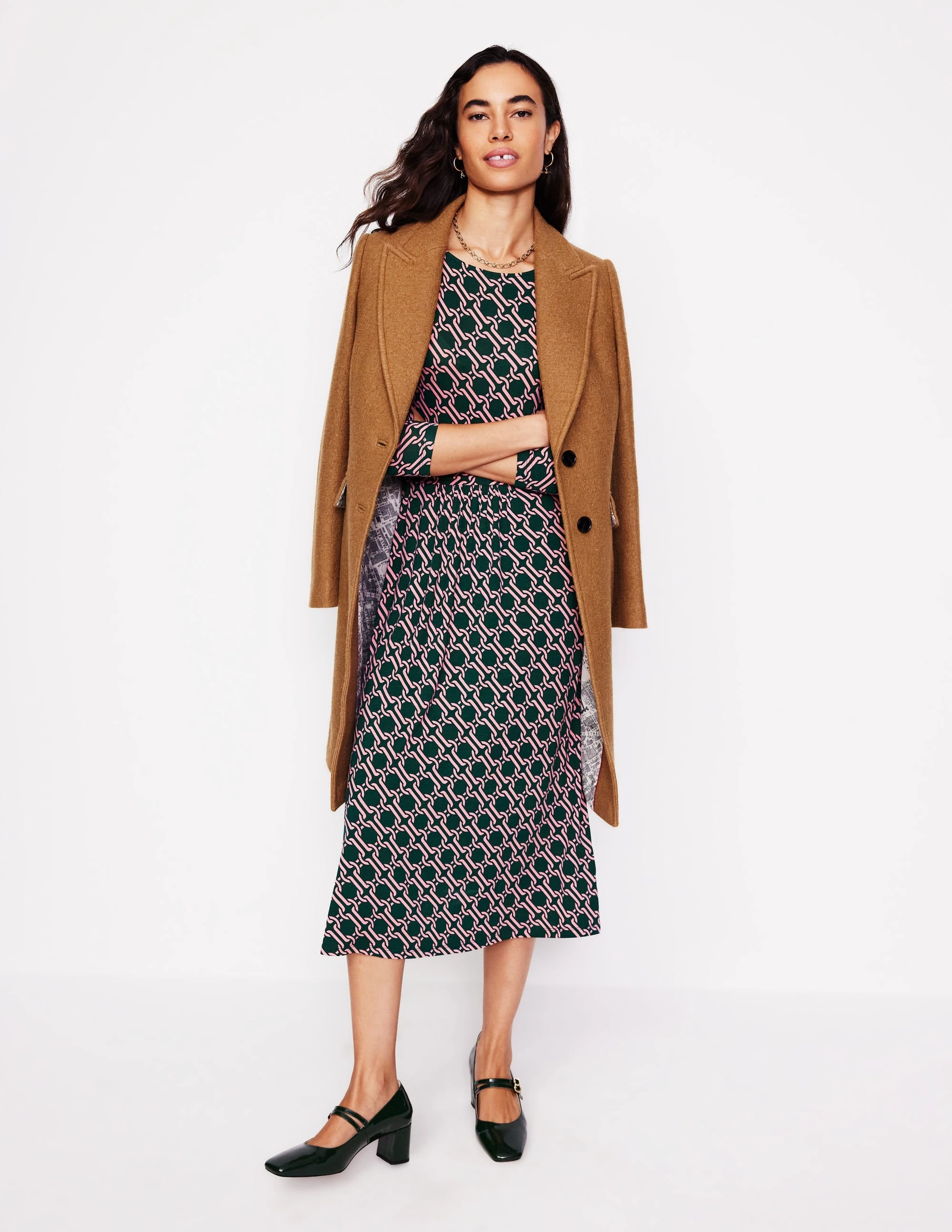 Lightweight Fit Calm Silhouette Amelie Long Sleeve Midi Dress-Glade, Chain Geo