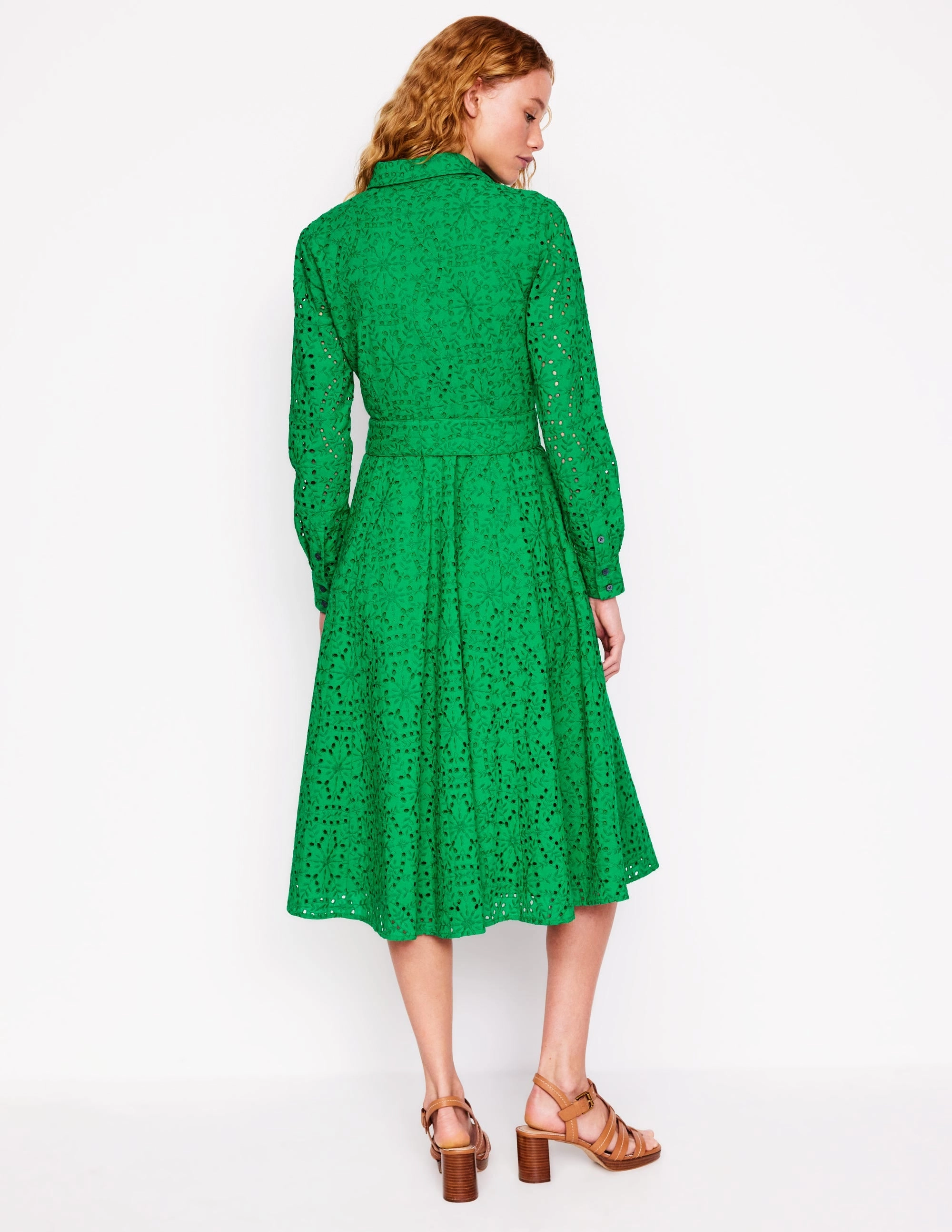Calm Mood Timeless Vibe Amy Broderie Midi Shirt Dress-Rich Emerald