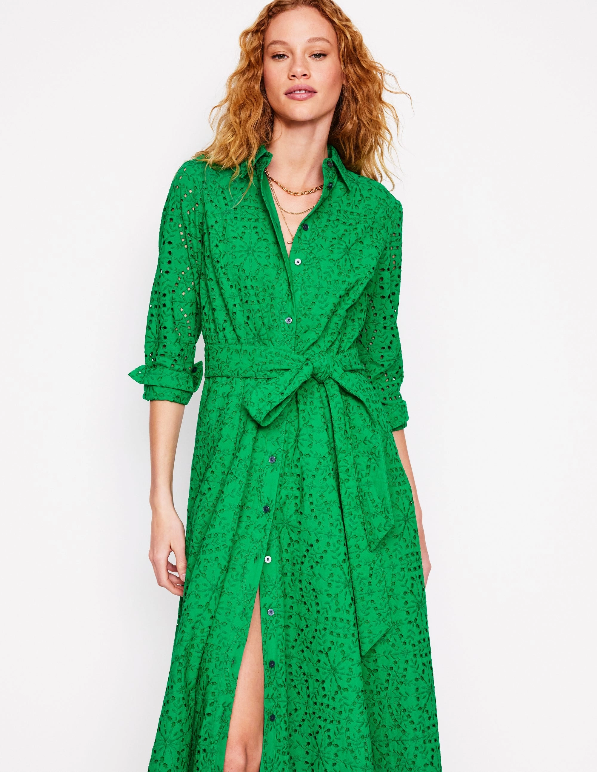 Amy Broderie Midi Shirt Dress-Rich Emerald Ethically-Made Fashionable Layers
