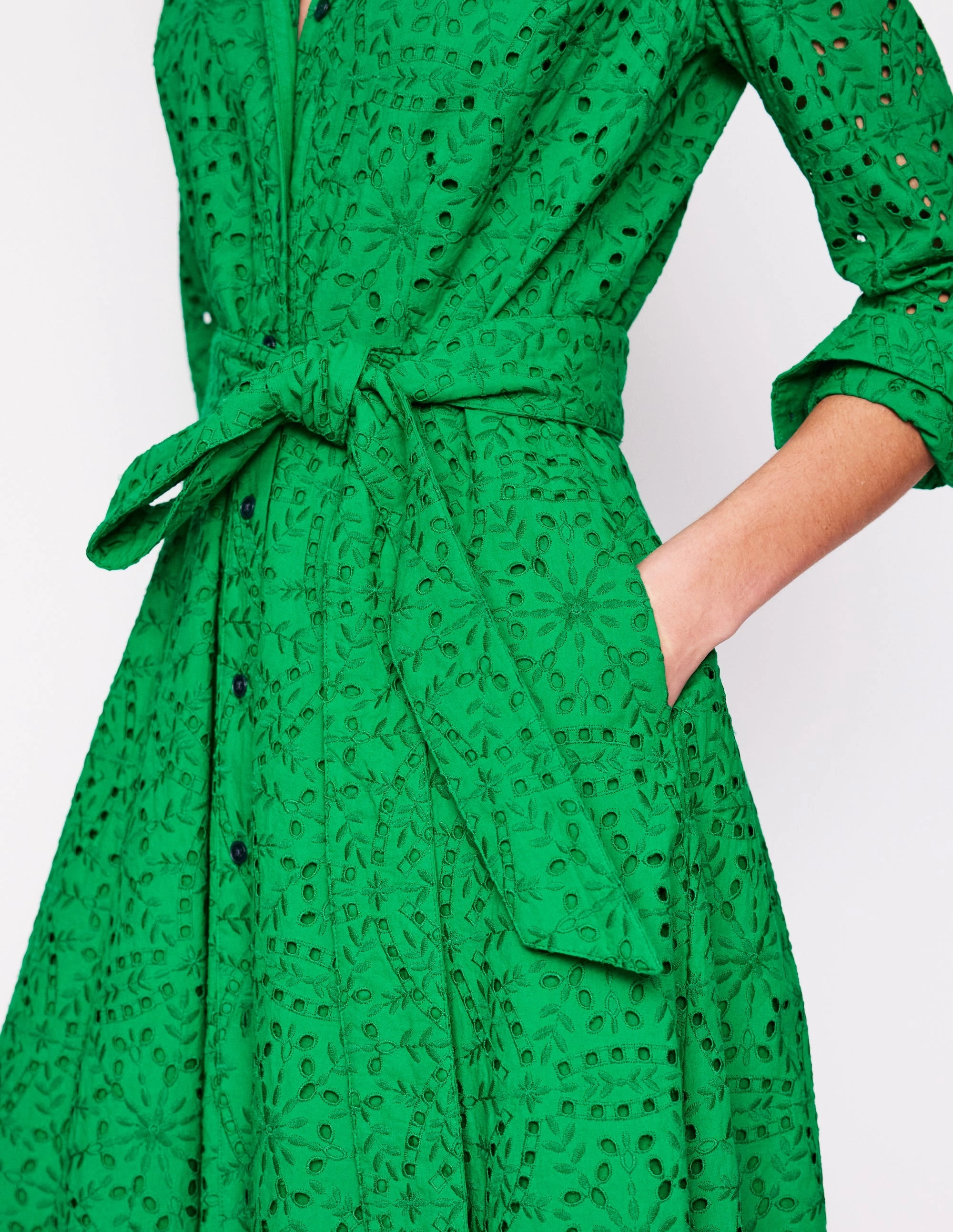 Light Aesthetic Amy Broderie Midi Shirt Dress-Rich Emerald