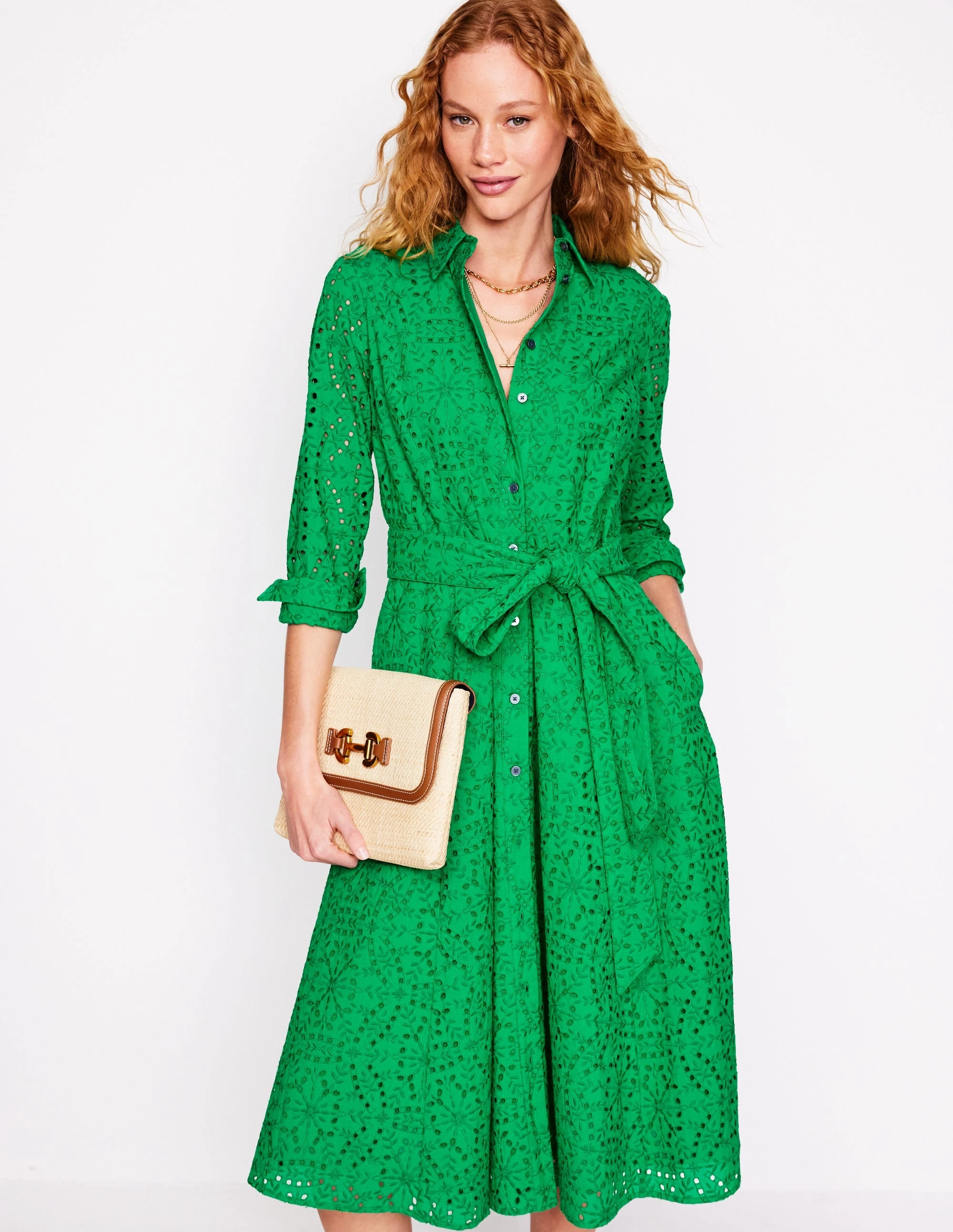 Draped Silhouette Kind Light Amy Broderie Midi Shirt Dress-Rich Emerald