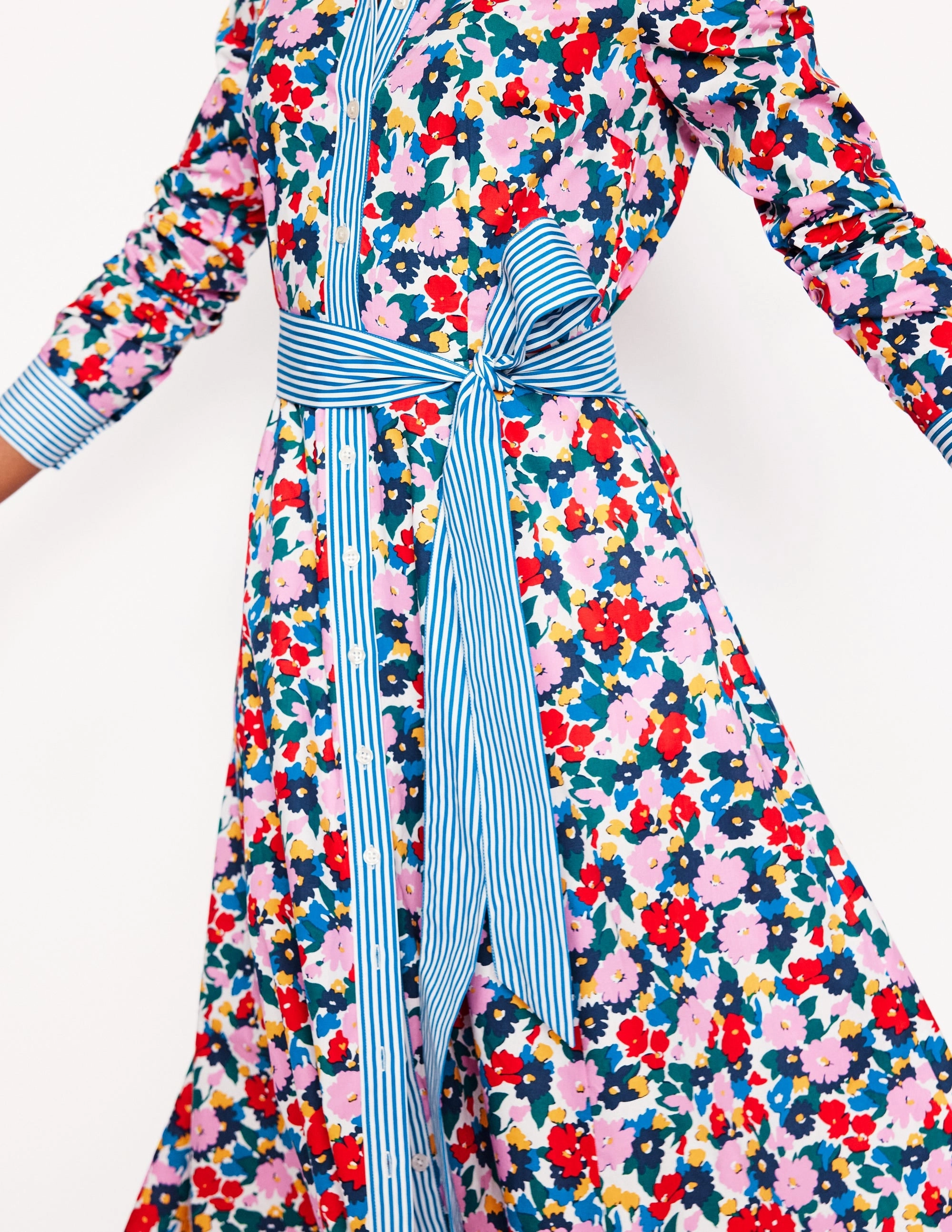 Amy Cotton Midi Shirt Dress-Multi, Painterly Meadow Timeless office dress Tie-Detail