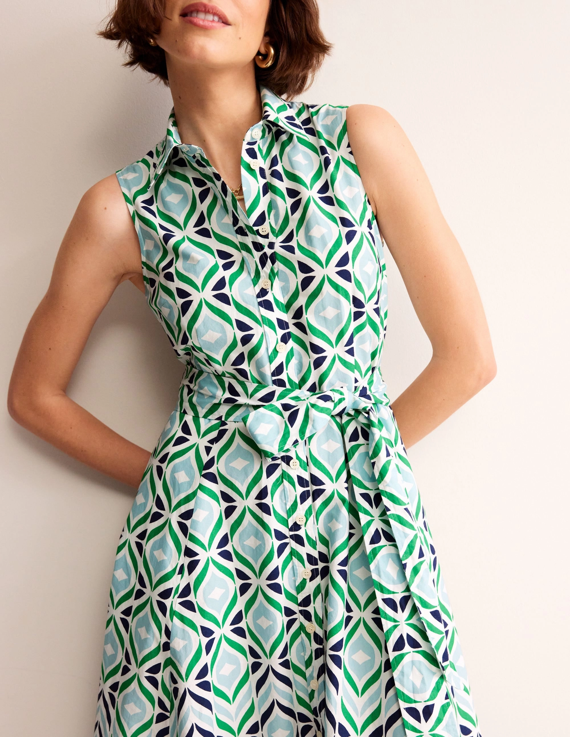 Amy Sleeveless Shirt Dress-Green Tambourine Diamond Wave Smooth Finish