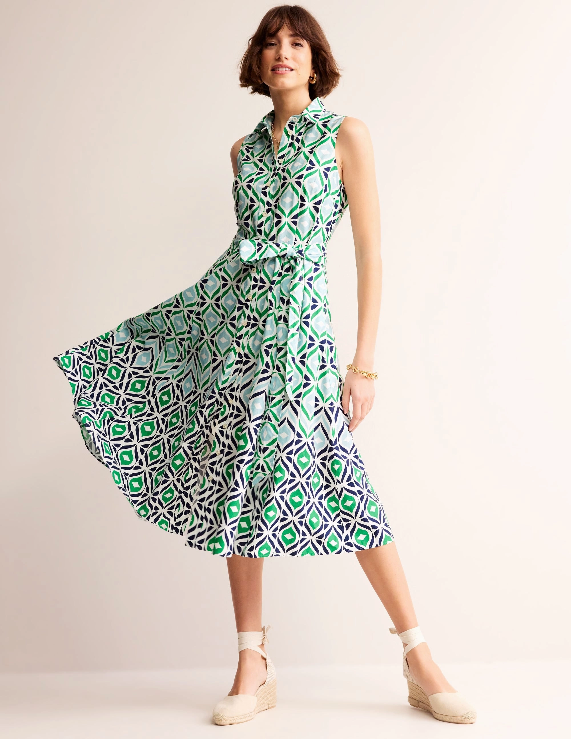 Amy Sleeveless Shirt Dress-Green Tambourine Diamond Wave Beach Walk Polished Motion