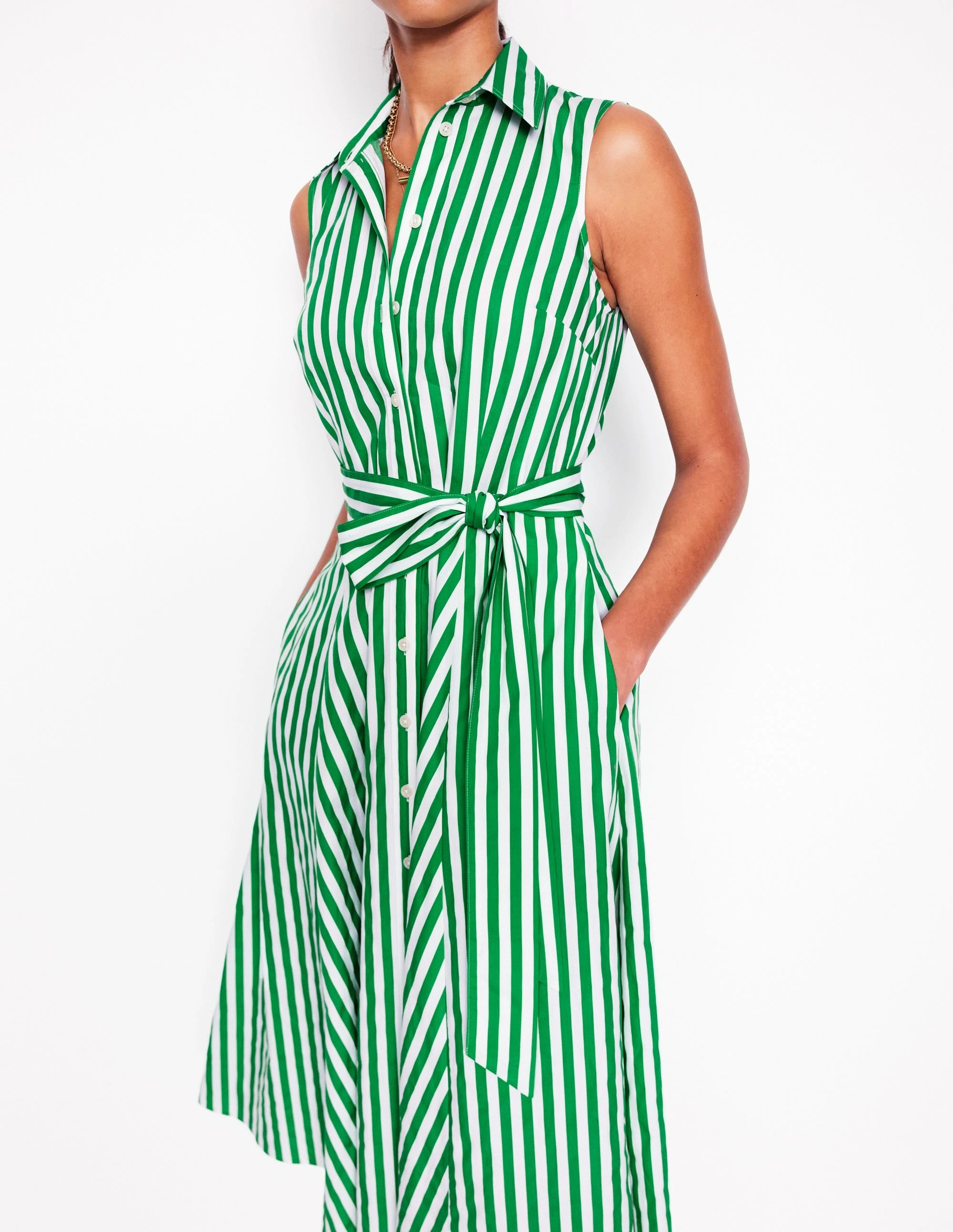 Amy Sleeveless Shirt Dress-Rich Emerald Stripe effortless grace Vibrant Style
