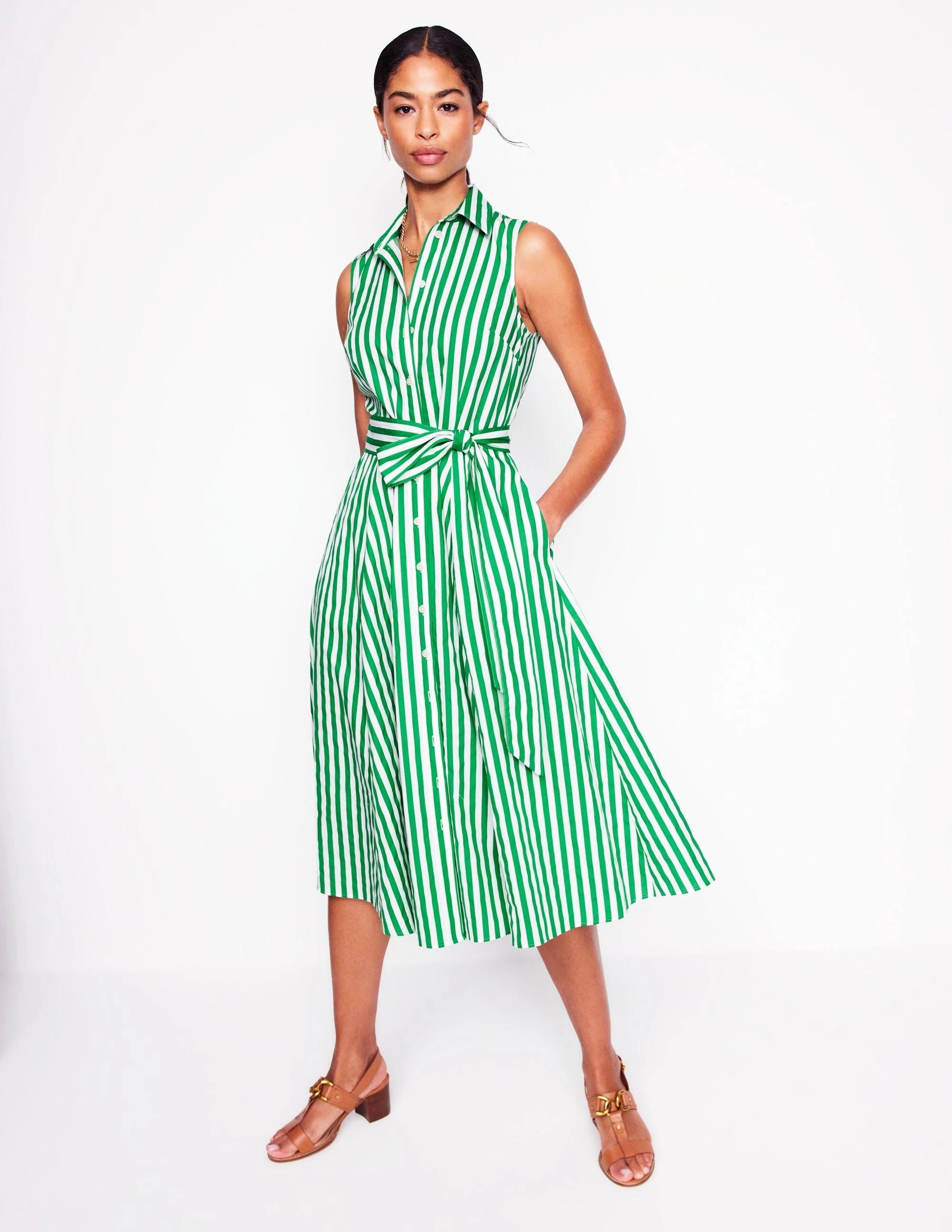 Light And Airy Amy Sleeveless Shirt Dress-Rich Emerald Stripe