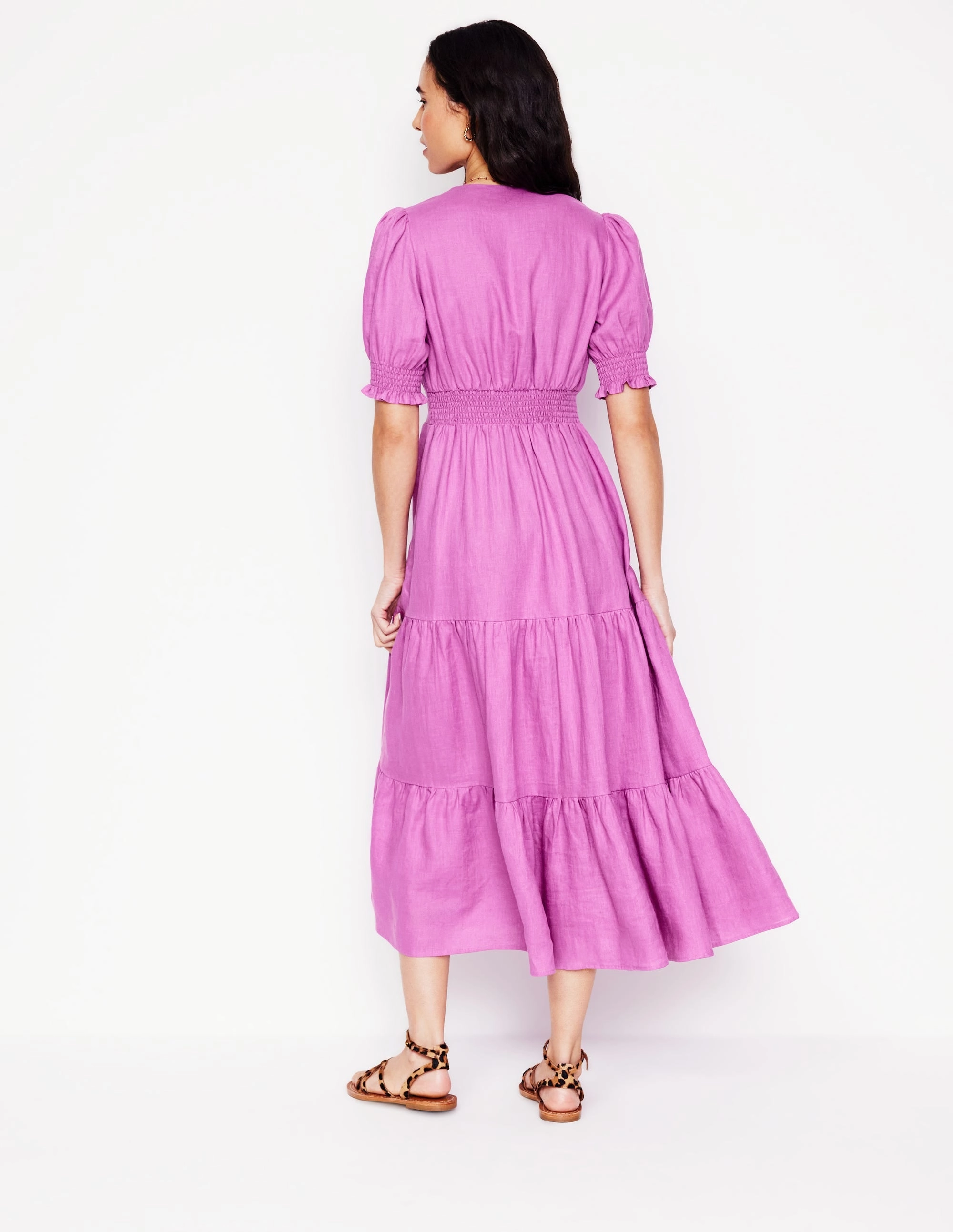Anna Linen Tiered Midi Dress-Foxglove Purple Lace-Edge Daily Confidence