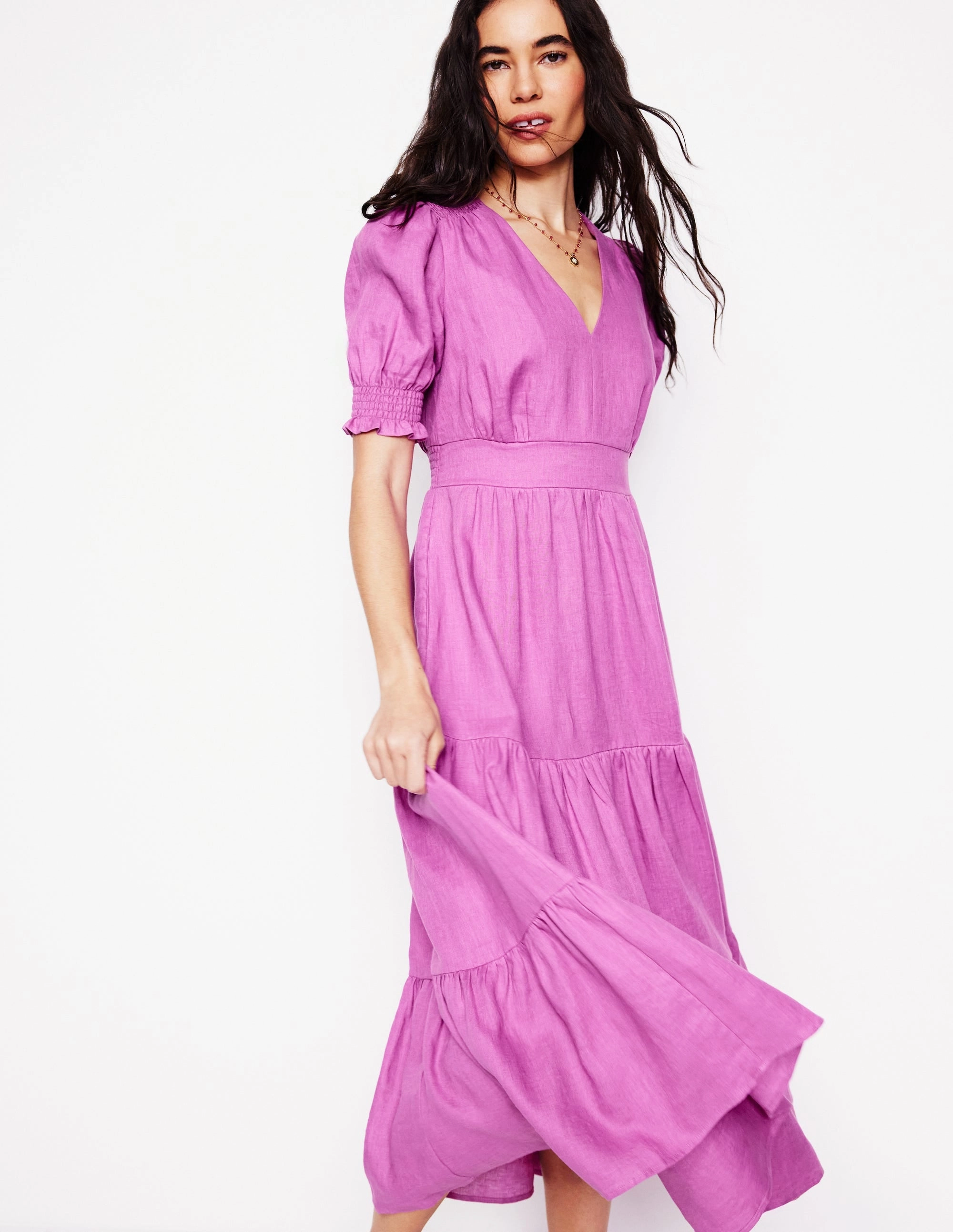 Anna Linen Tiered Midi Dress-Foxglove Purple Sharp Finish