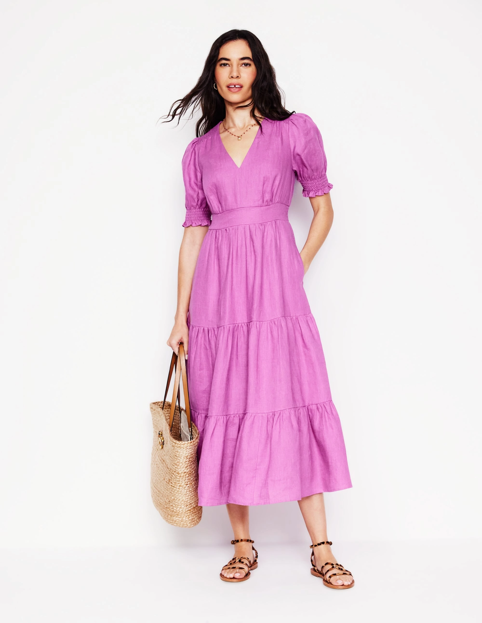 Smart Vibe Anna Linen Tiered Midi Dress-Foxglove Purple