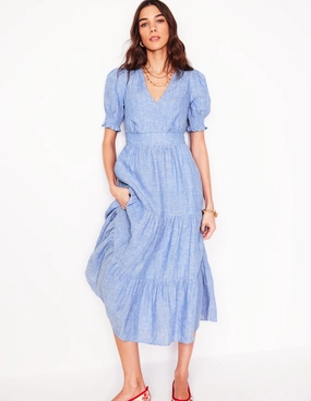 Anna Linen Tiered Midi Dress-Summer Blue Chambray Bodycon Fit Daily Silhouette