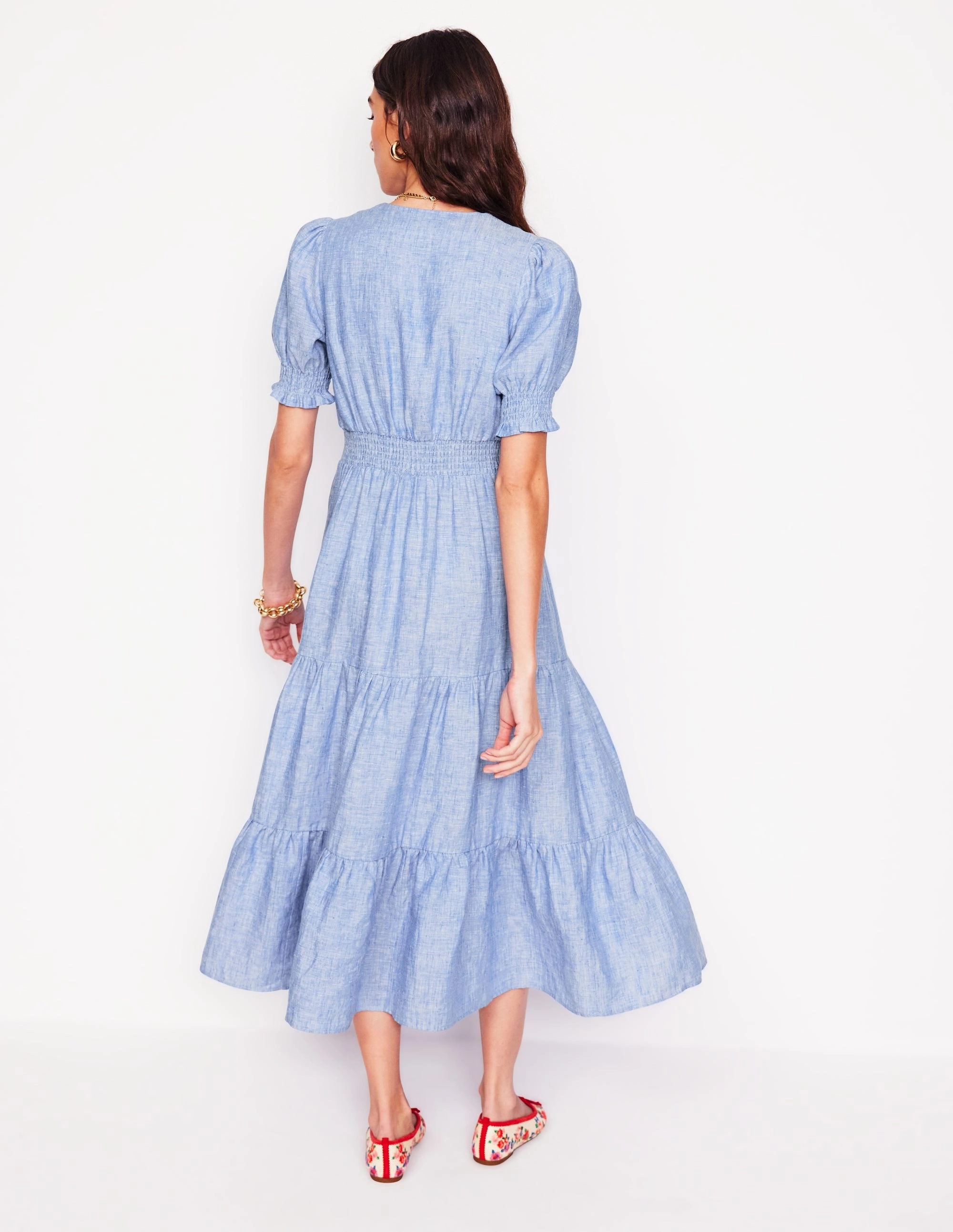 Soft Balance Sleek Layer Anna Linen Tiered Midi Dress-Summer Blue Chambray
