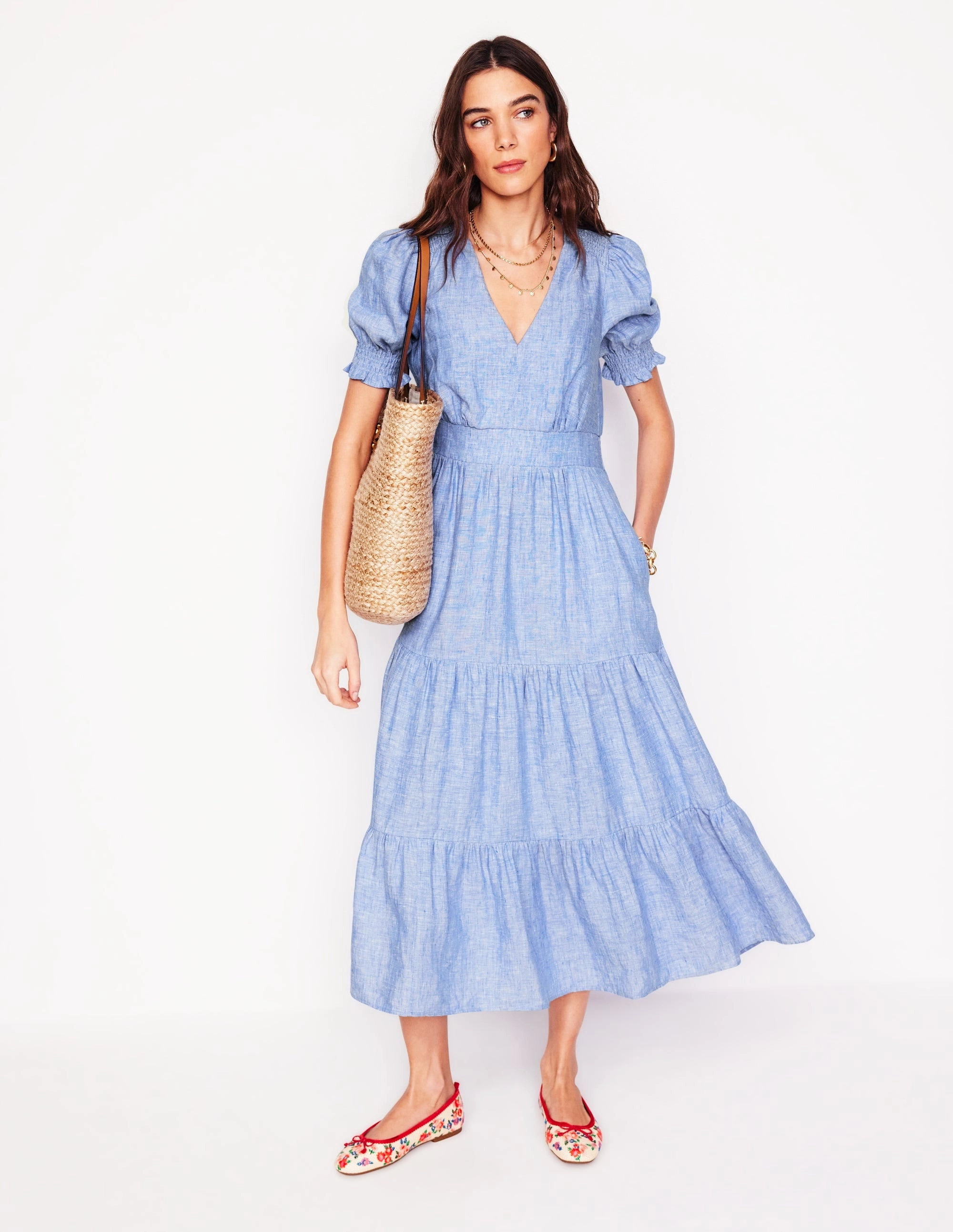 Bright Appeal Anna Linen Tiered Midi Dress-Summer Blue Chambray