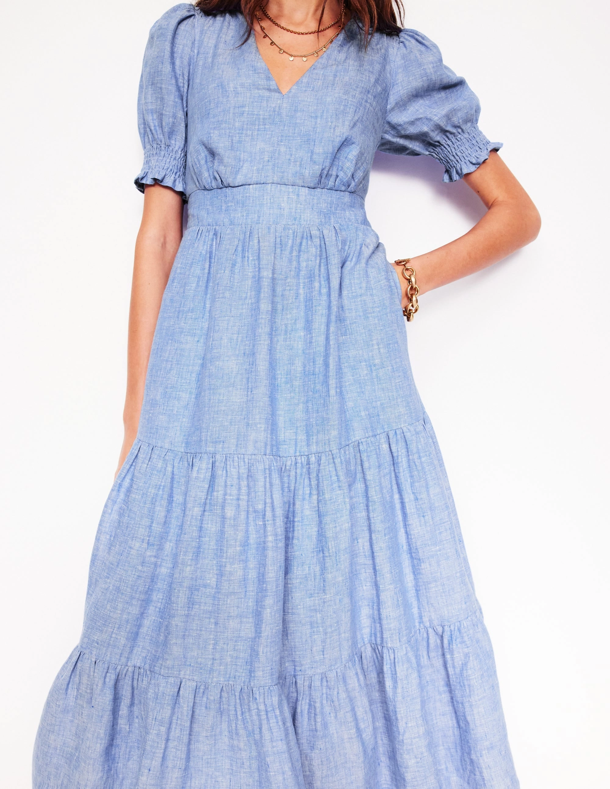 Anna Linen Tiered Midi Dress-Summer Blue Chambray Satin Finish